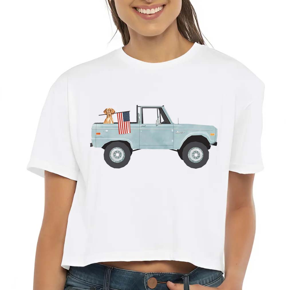 Pale Blue Truck With Dog And American Flag 4th Of July Women's Ideal Crop Top Next Level 1580 (Made in US)