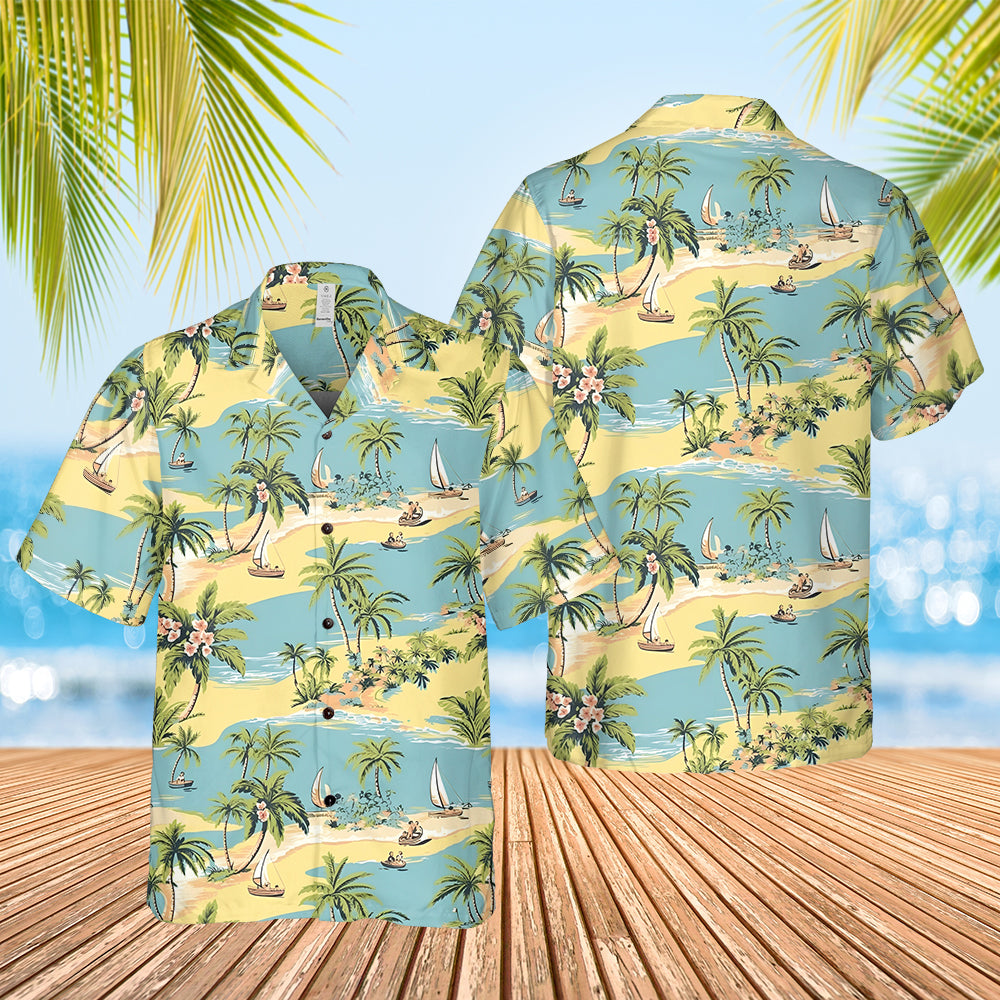 Palm Trees And Ocean Boats Regular Fit Hawaiian Shirt