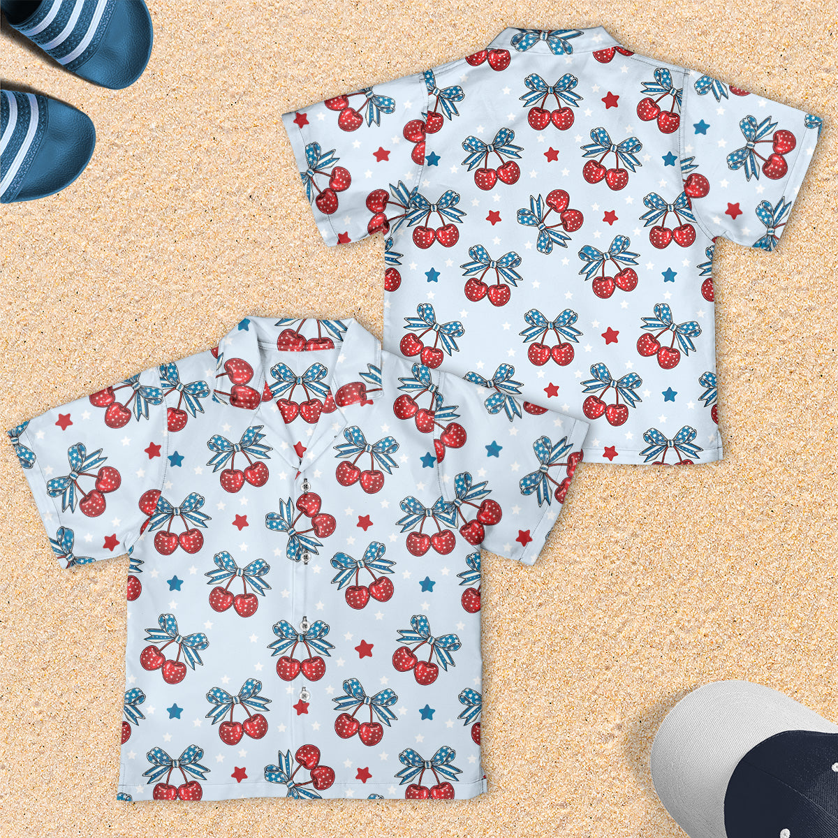 Patriotic 4th of July Cherry Coquette Bow Youth Short-sleeve Hawaiian Shirt