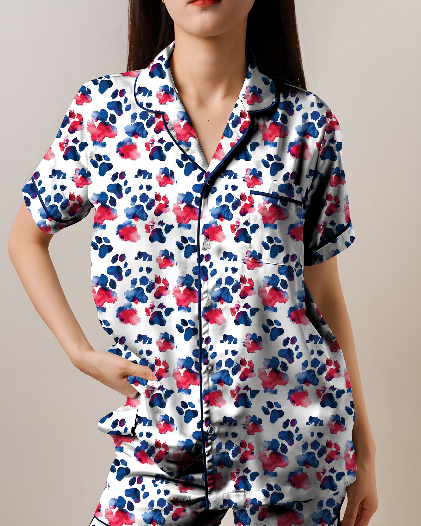 Patriotic Paws AOP Satin Short-Sleeve Pajamas Set