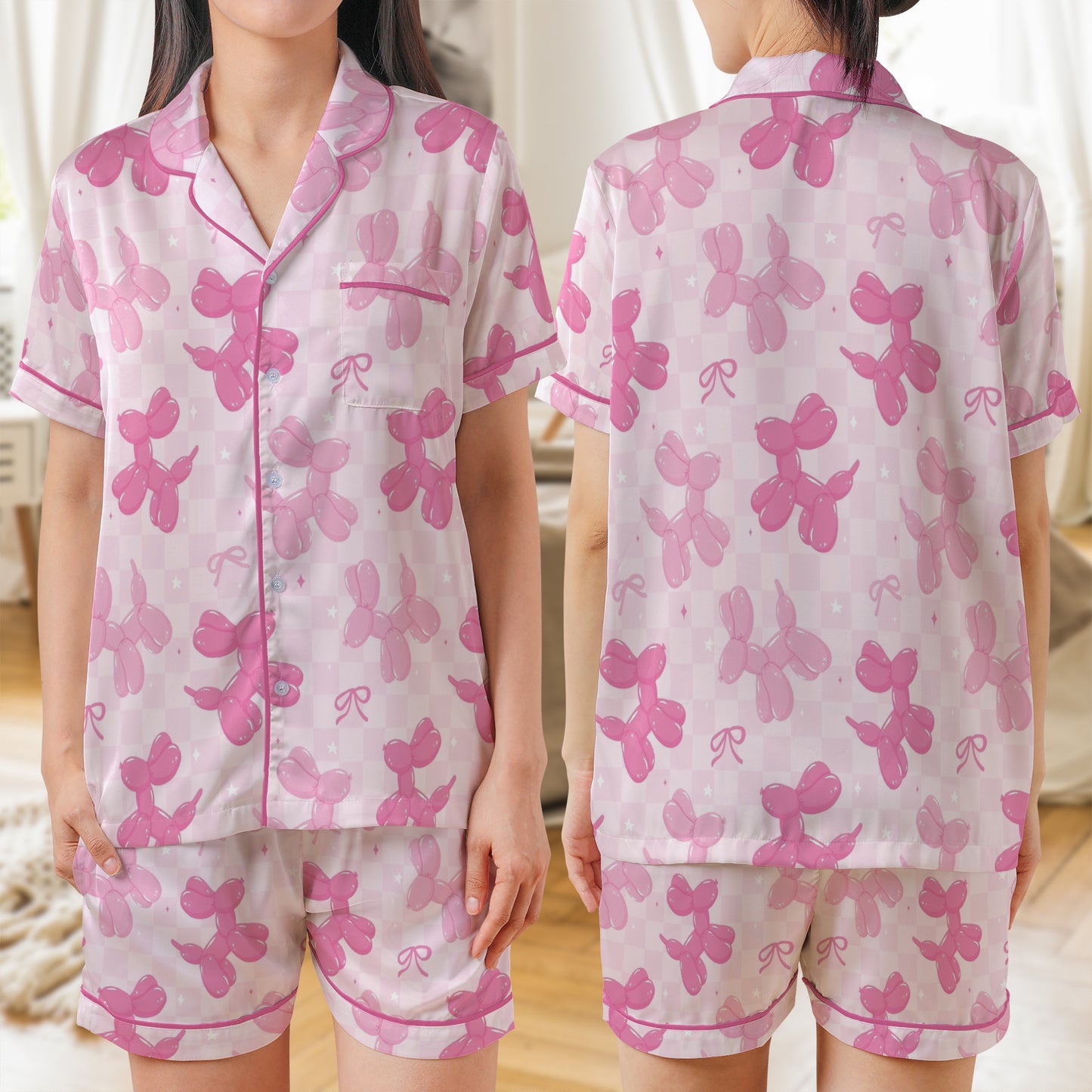 Pattern Pink Balloon Dogs With Bow In Vibrant Pastel On Checkered Pattern AOP Satin Short-Sleeve Pajamas Set