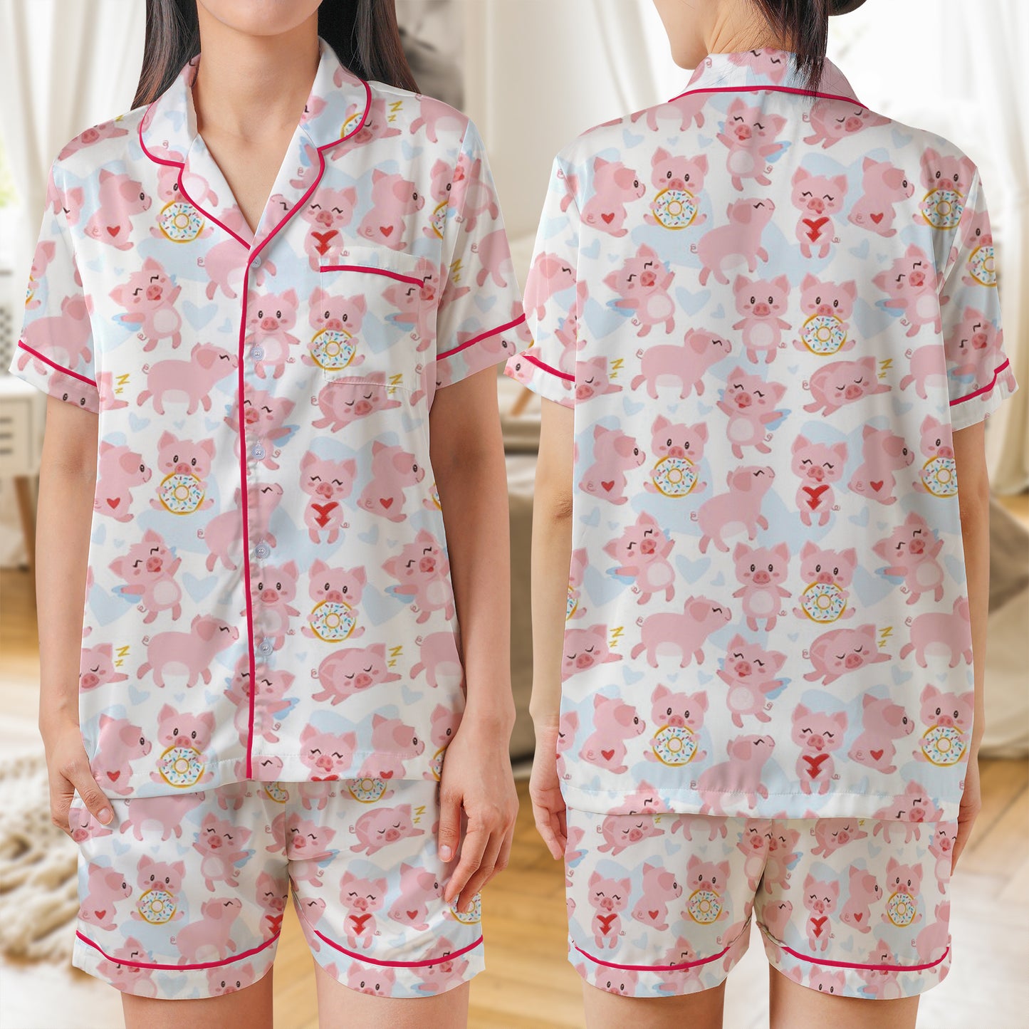 Piggies Pink AOP Satin Short-Sleeve Pajamas Set