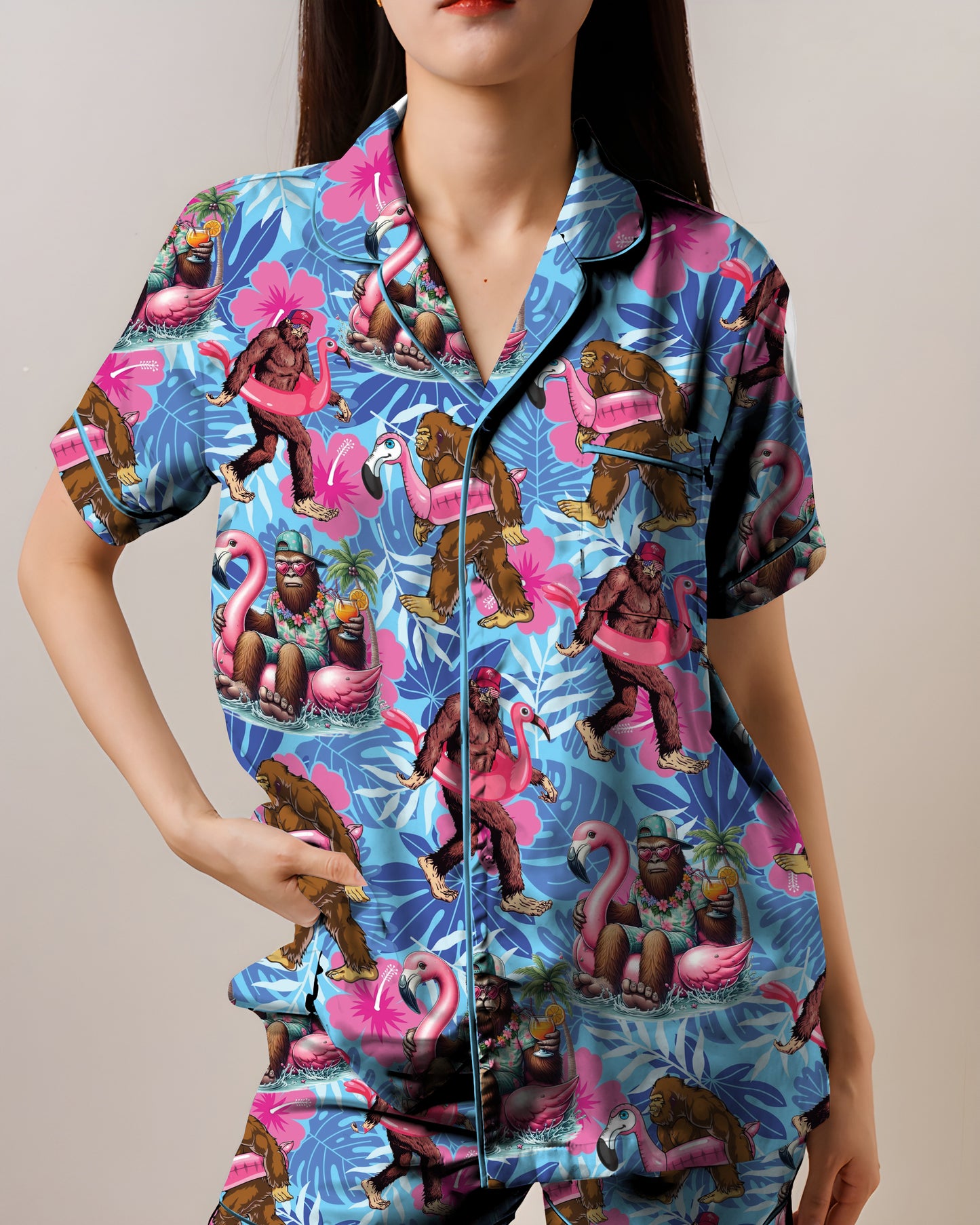 Pool Party Bigfoot Flamingo Pink Float Summer Holiday Beach AOP Satin Short-Sleeve Pajamas Set