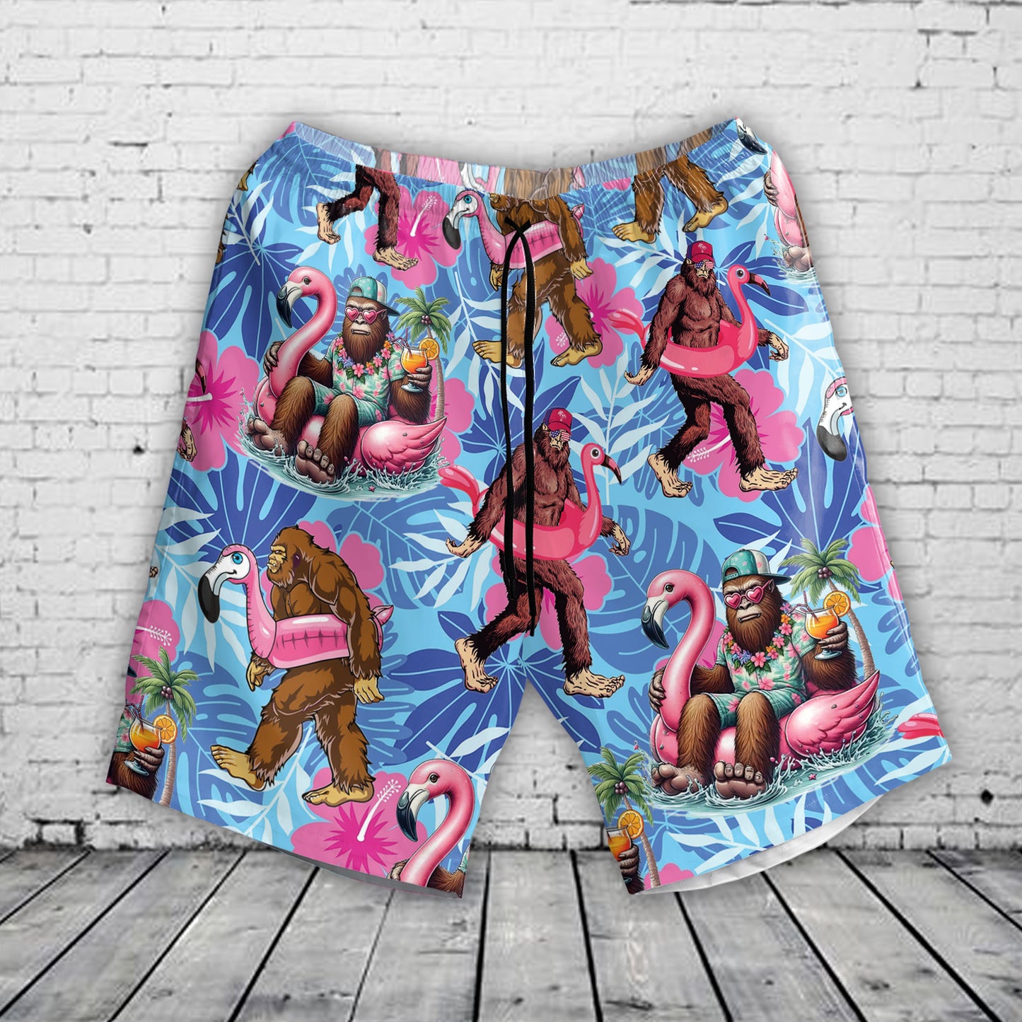 Pool Party Bigfoot Flamingo Pink Float Summer Holiday Beach Hawaiian Shorts