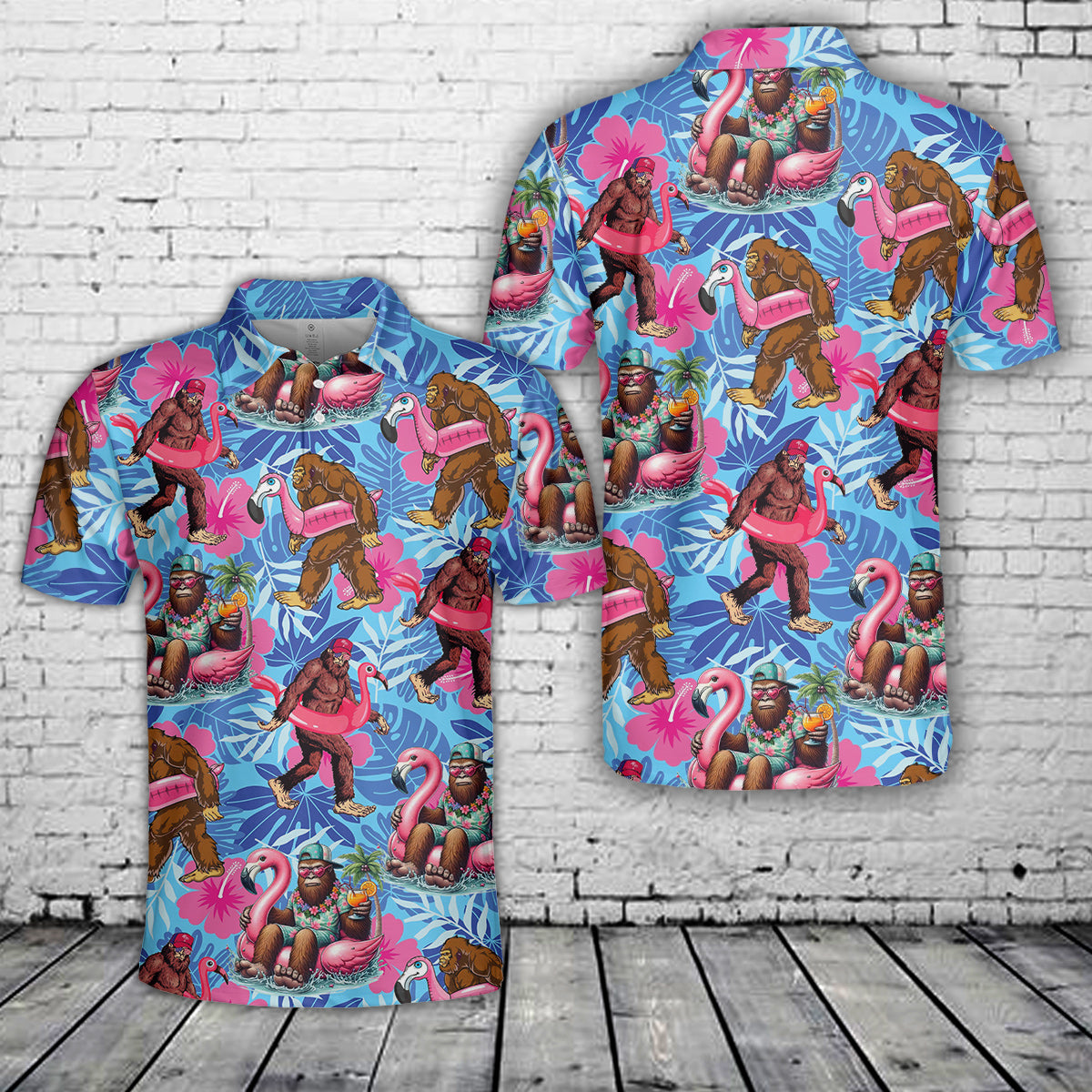 Pool Party Bigfoot Flamingo Pink Float Summer Holiday Beach Polo Shirt