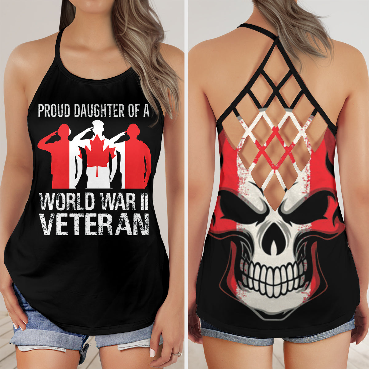 Proud Daughter of a World War II Canadian Veteran AOP Criss Cross Open Back Tank Top