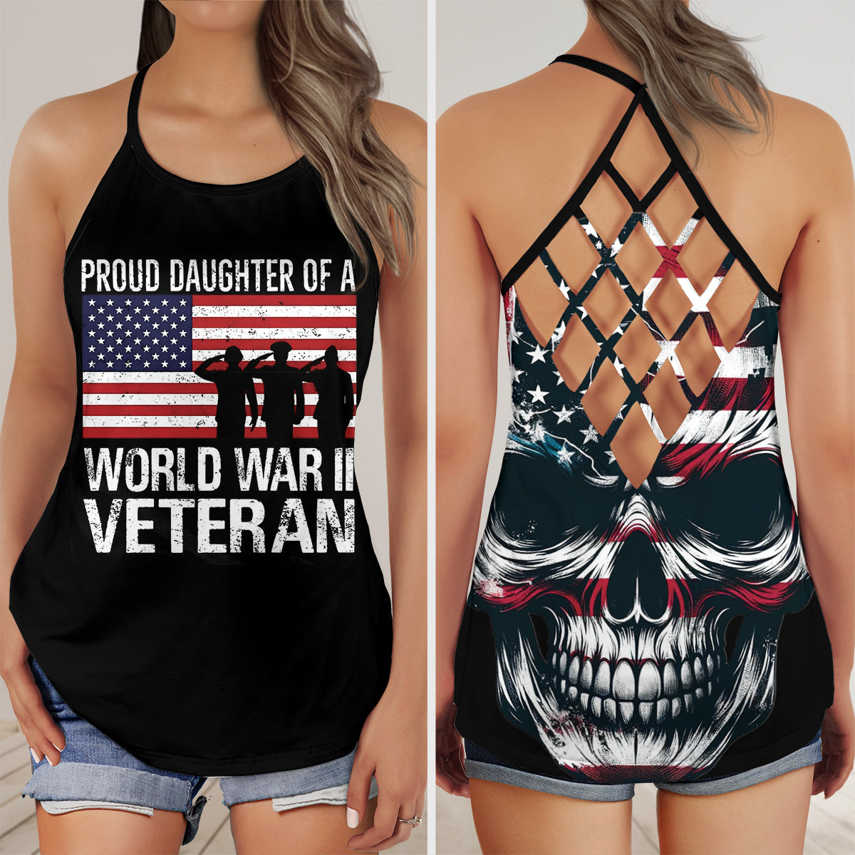 Proud Daughter of a World War II Veteran AOP Criss Cross Open Back Tank Top