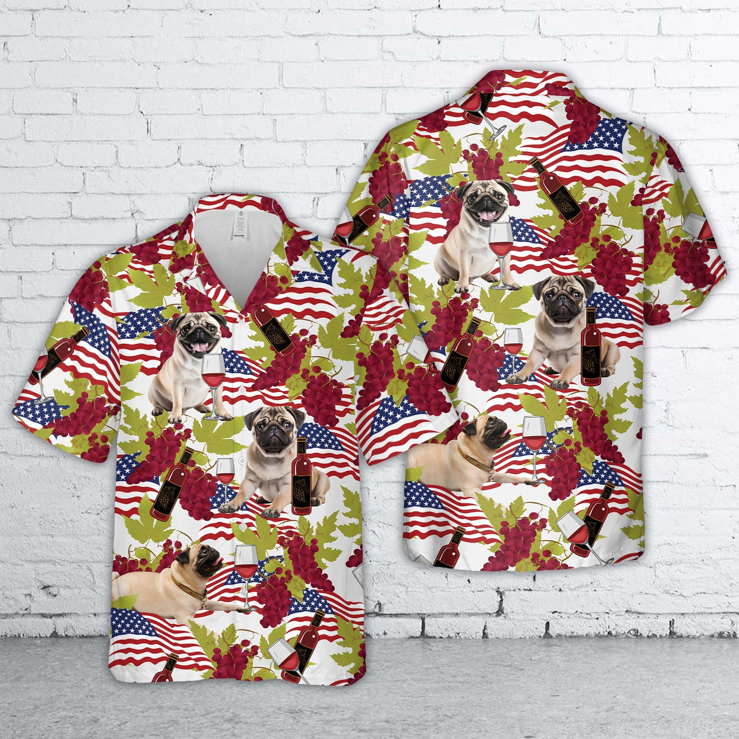 Red Wine And Pug US Flag Hawaiian Shirt