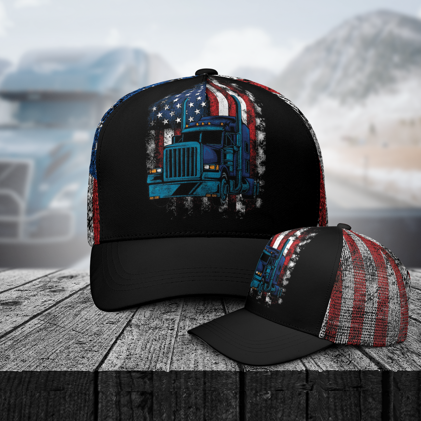 Retro Semi Truck American Flag Trucker Cap