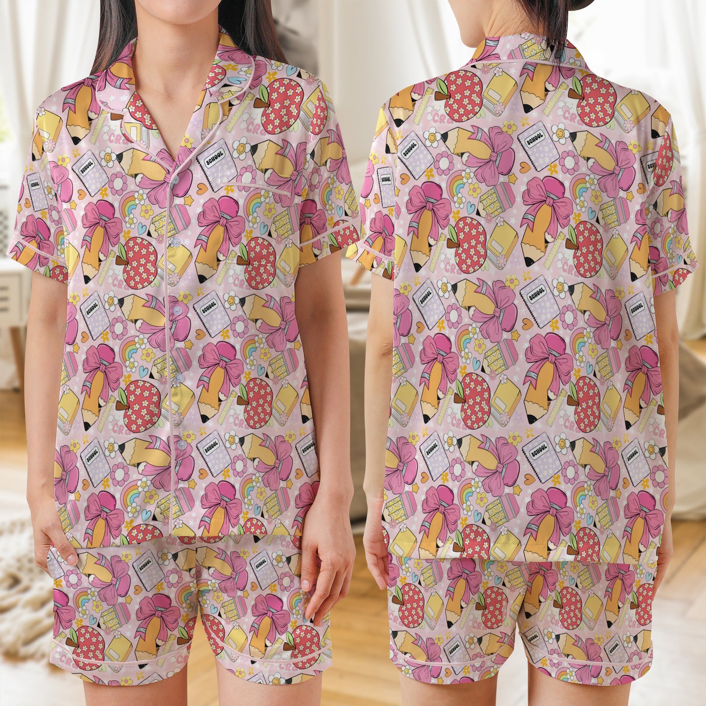 Retro Teacher Seamles AOP Satin Short-Sleeve Pajamas Set