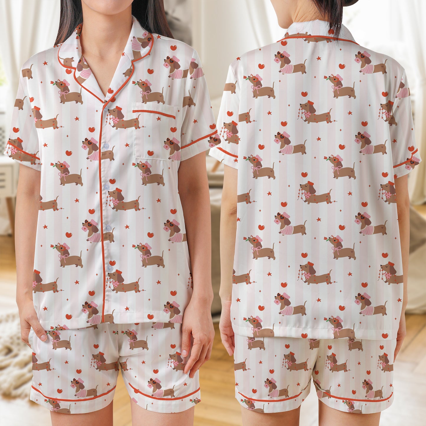 Retro Valentine Dachshund Pattern Seamless AOP Satin Short-Sleeve Pajamas Set