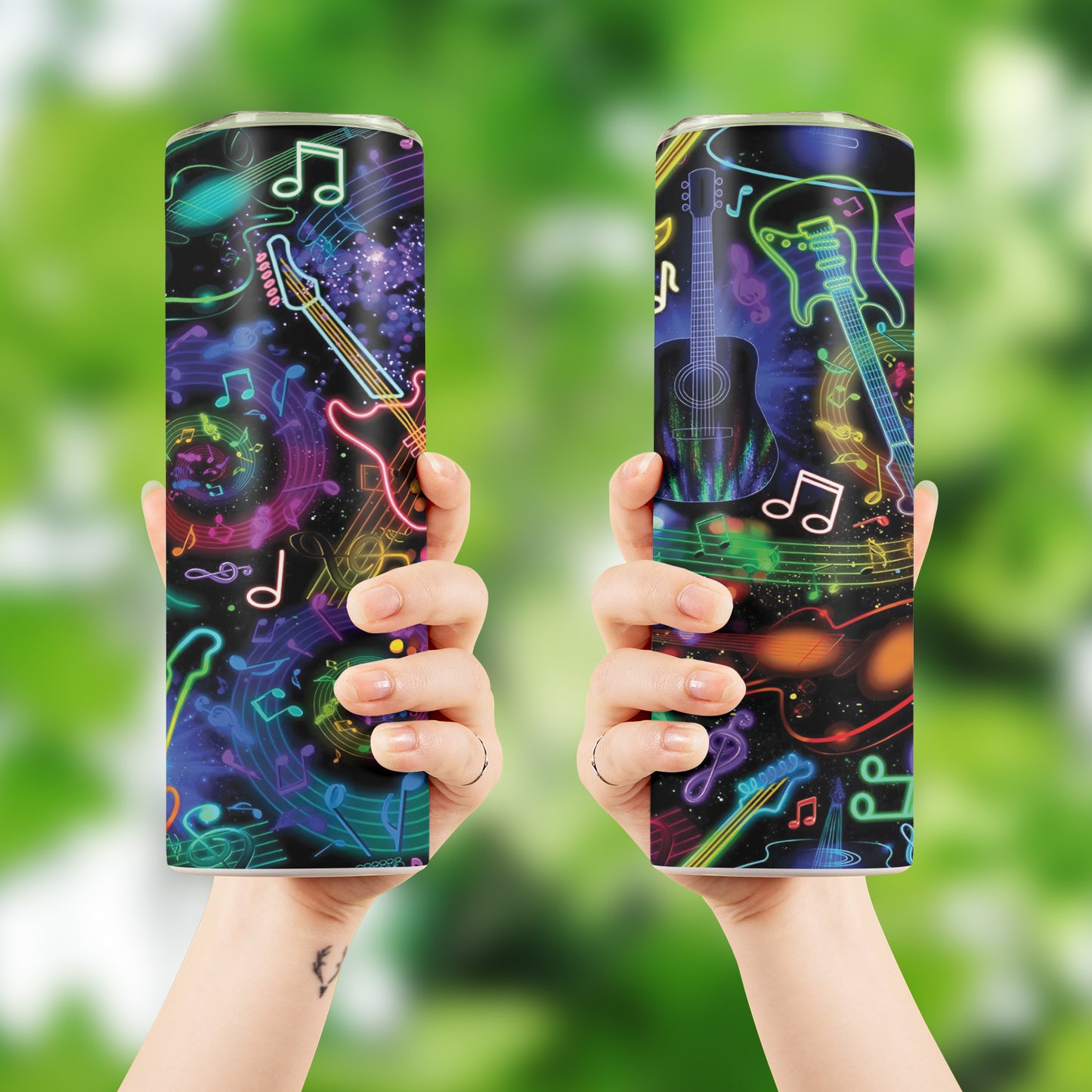 Rockstar - Neon Music Notes And Guitars Skinny Tumbler Stainless Steel with Lids 20OZ