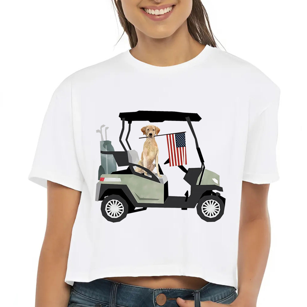 Sage Green Golf Cart with Labrador Retriever Dog and US Flag 4th Of July Women's Ideal Crop Top Next Level 1580 (Made in US)