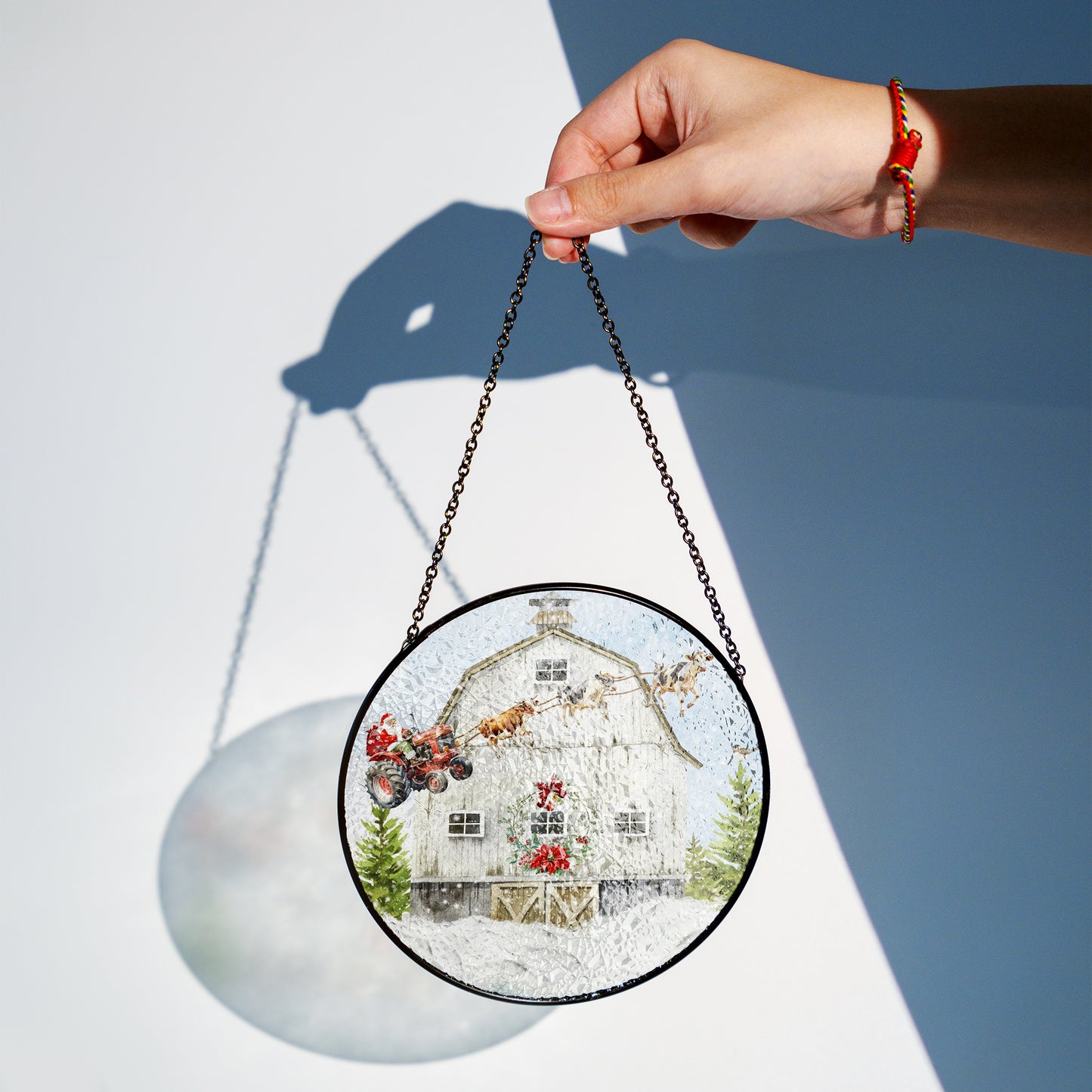 Santa Claus Tractor Sleigh with Cows Stained Glass Suncatcher for Window Hanging