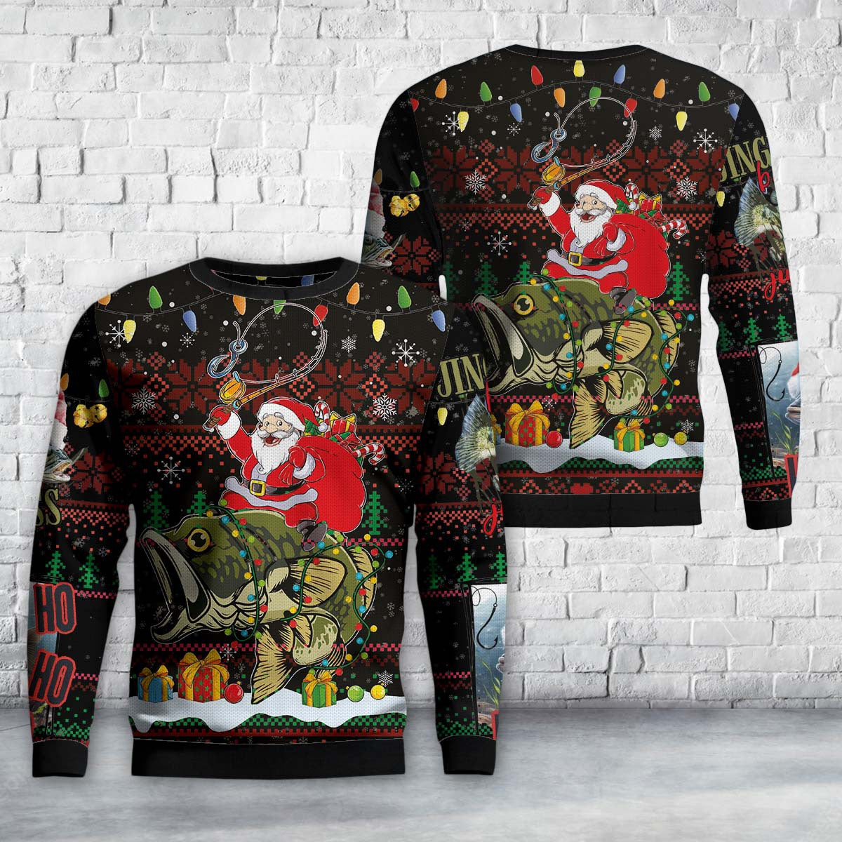 Santa Riding Bass Fish Ugly Christmas Sweater