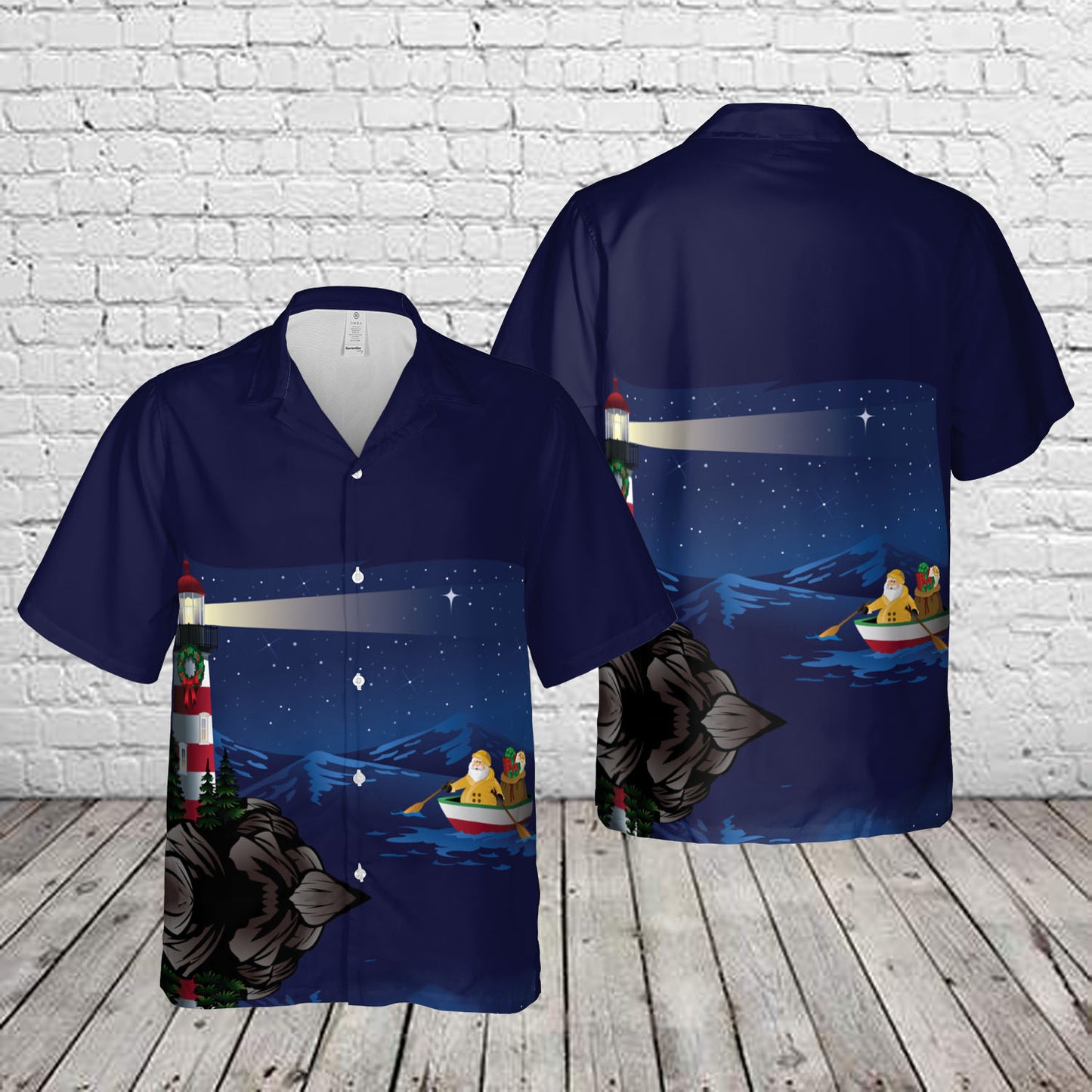 Santa rowing boat bringing gifts to lighthouse Hawaiian Shirt