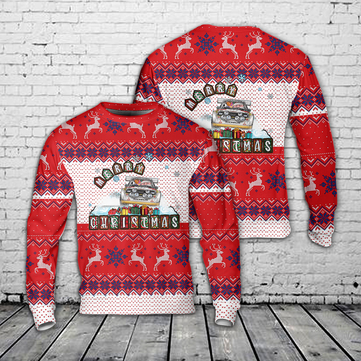 Santa in the Audi Quattro S1 E2 Rally Car Christmas AOP Sweater