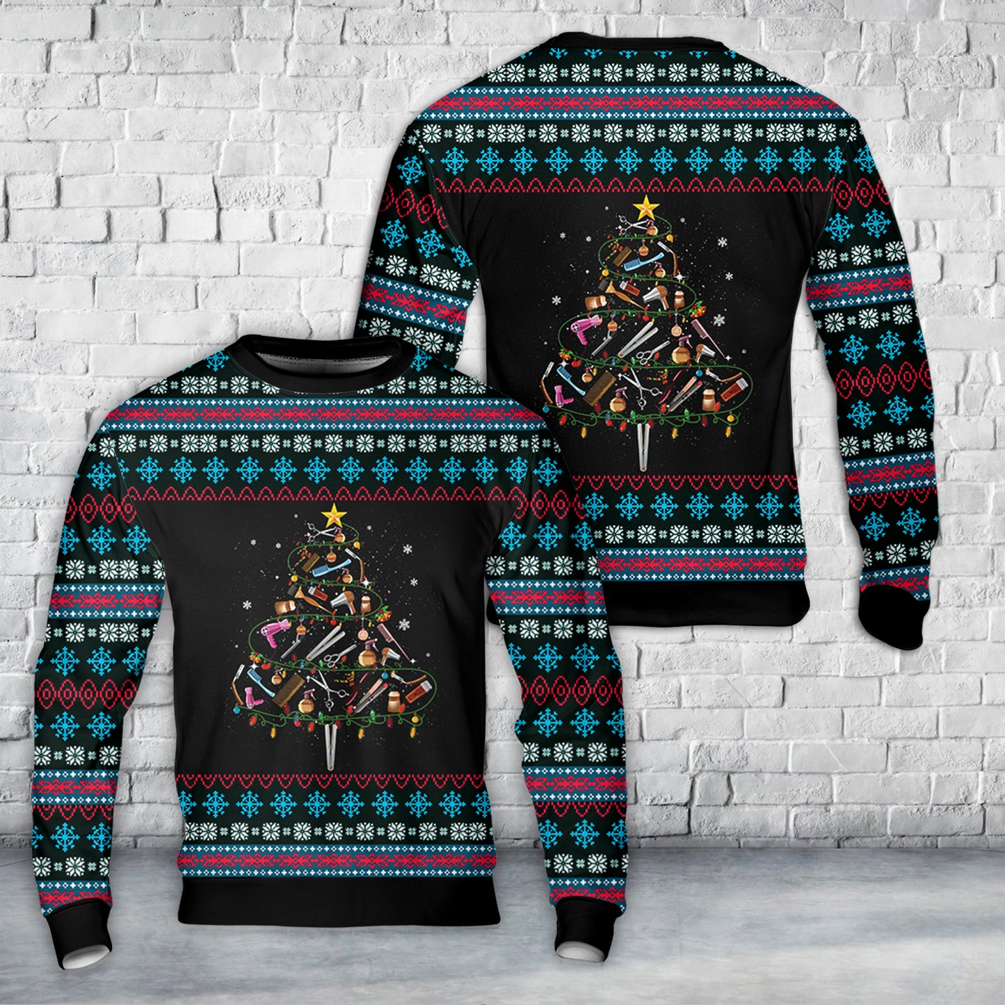 Scissors Hairstylist Christmas Tree Messy Hairdresser Xmas Christmas AOP Sweater