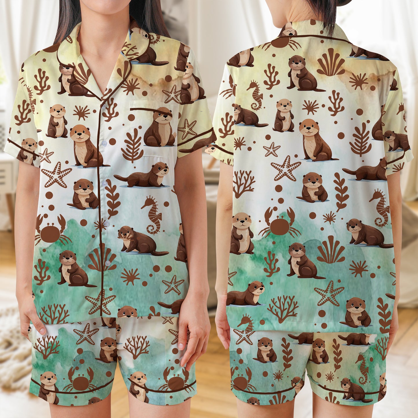 Sea Otter AOP Satin Short-Sleeve Pajamas Set