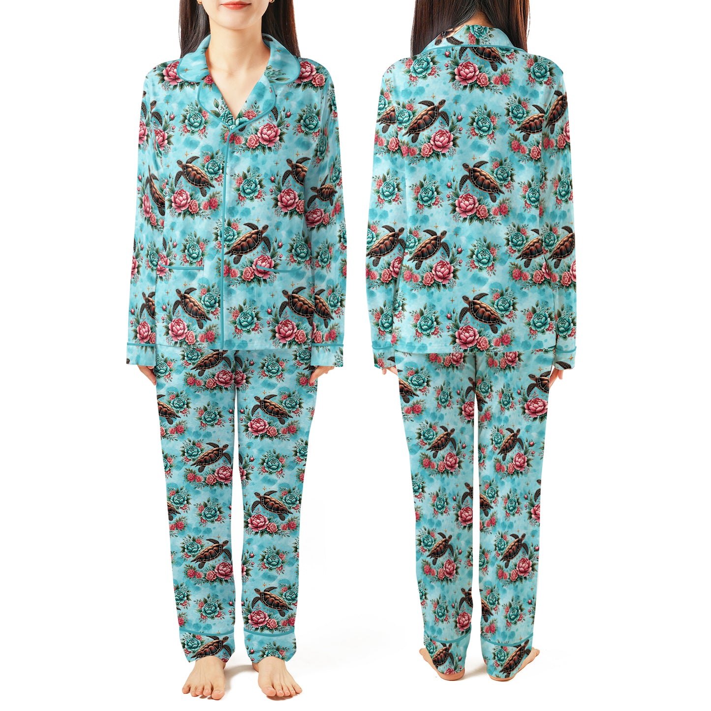 Sea Turtle with Flowers AOP Pajamas Set