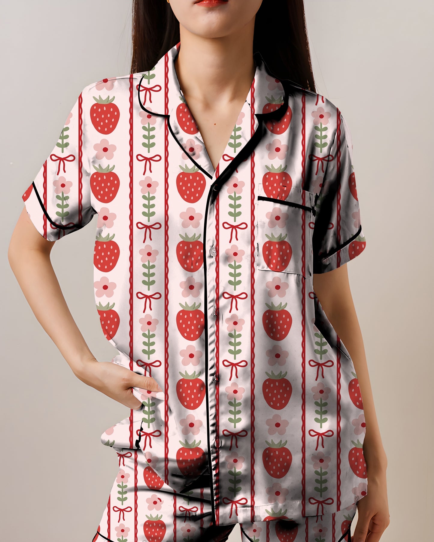 Strawberry Striped AOP Satin Short-Sleeve Pajamas Set
