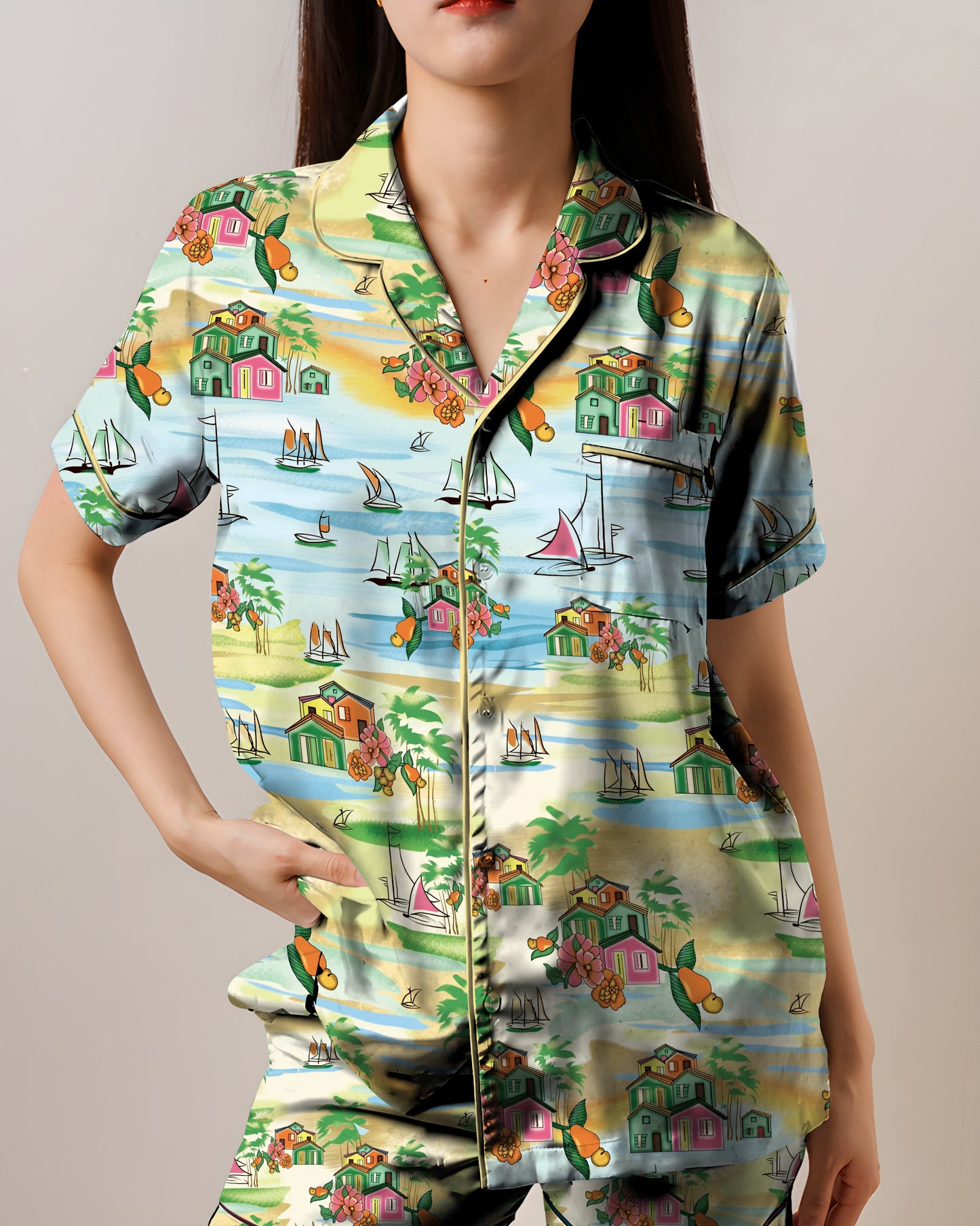 Summer Island AOP Satin Short-Sleeve Pajamas Set