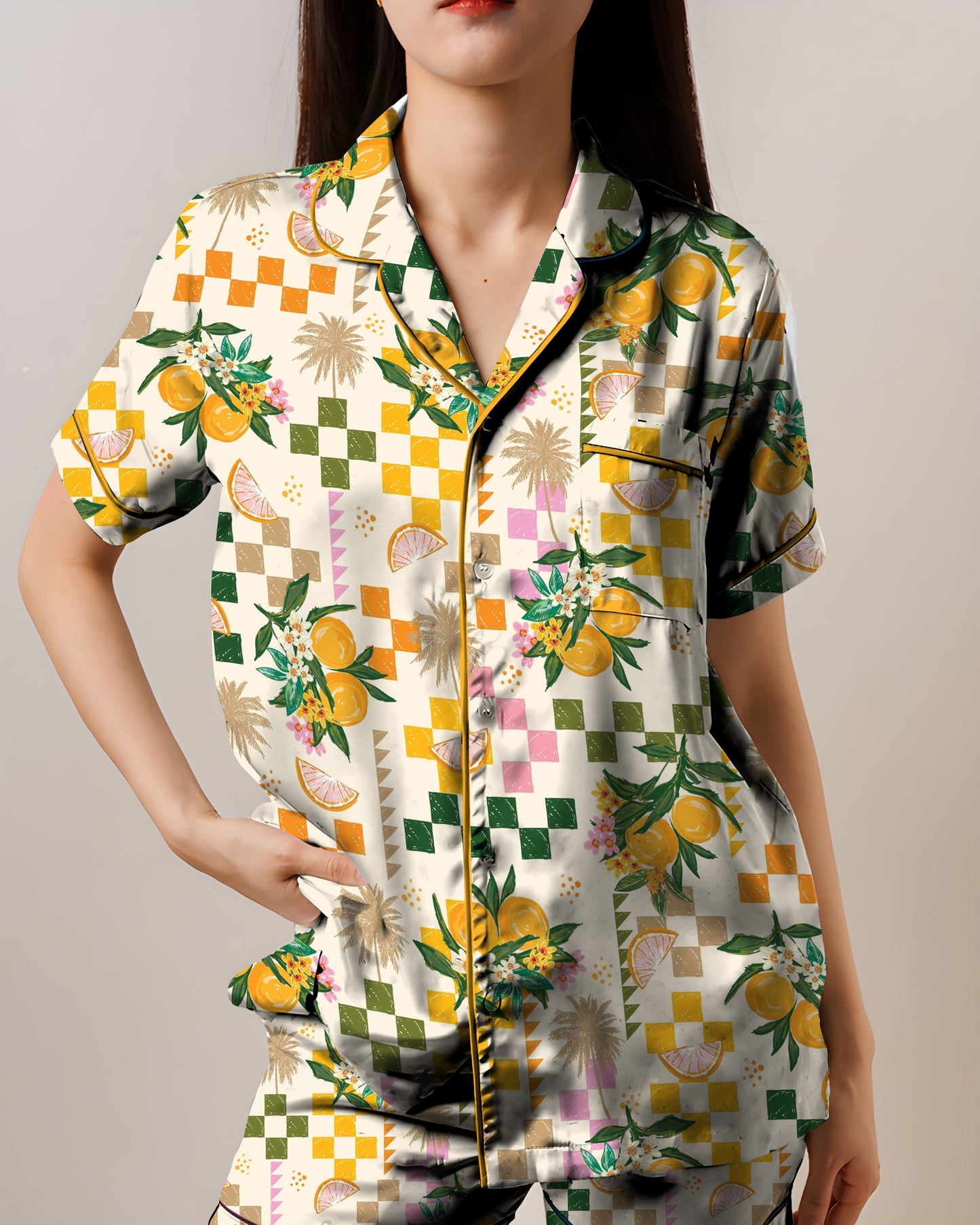 Summer Vacation Fruits AOP Satin Short-Sleeve Pajamas Set