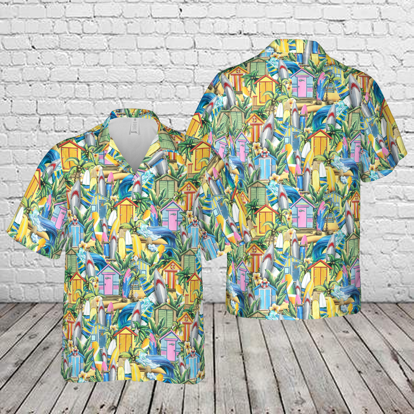 Surfboards Wooden Beach Houses Tropical Plants And Flowers Hawaiian Shirt
