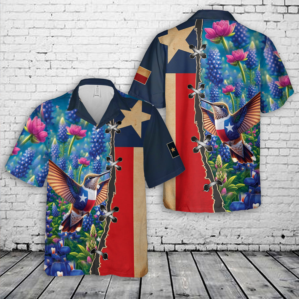 TEXAS Hummingbird and Flag Bluebonnet Flowers Hawaiian Shirt