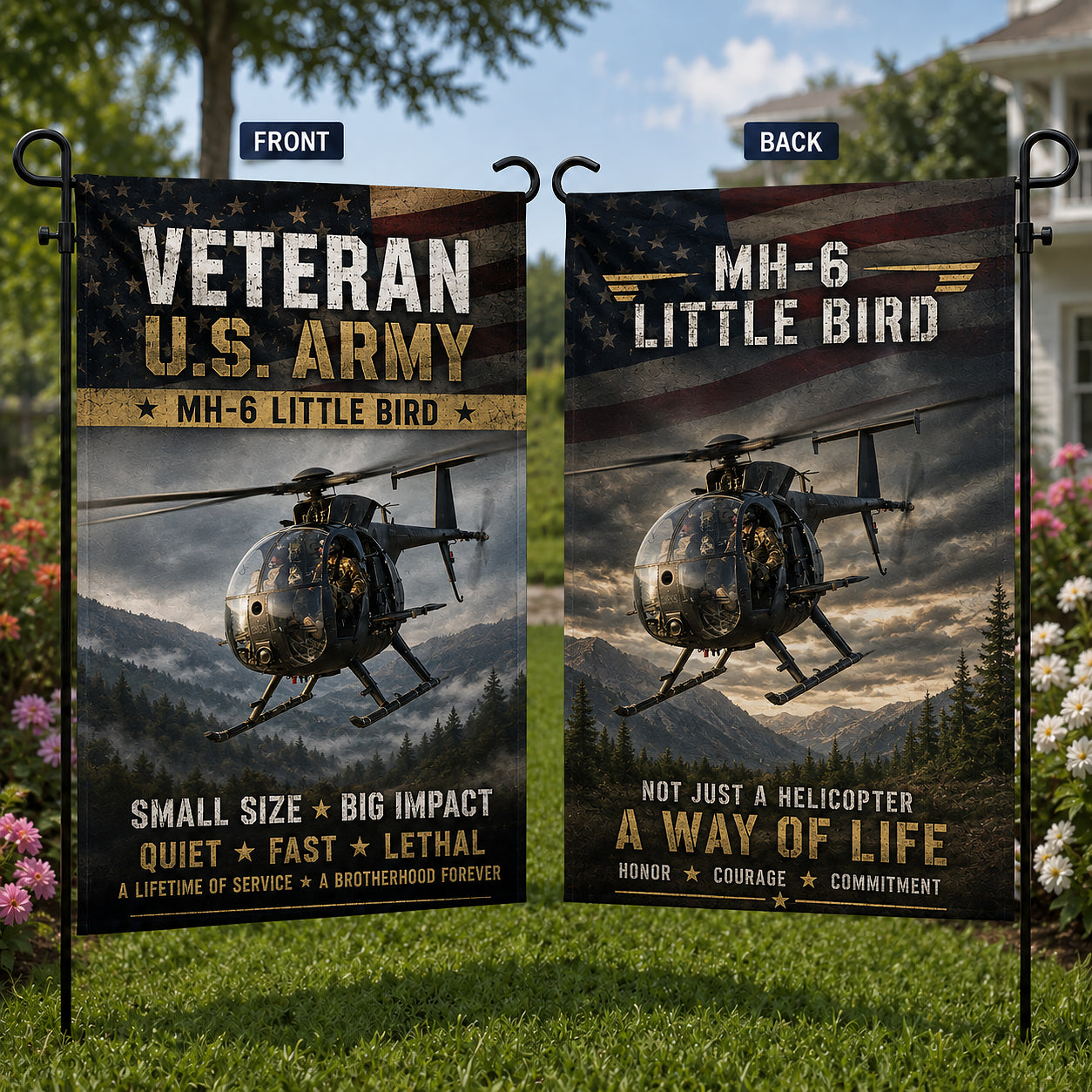 Veteran US Army MH-6 Little Bird Double Sided Garden Flag