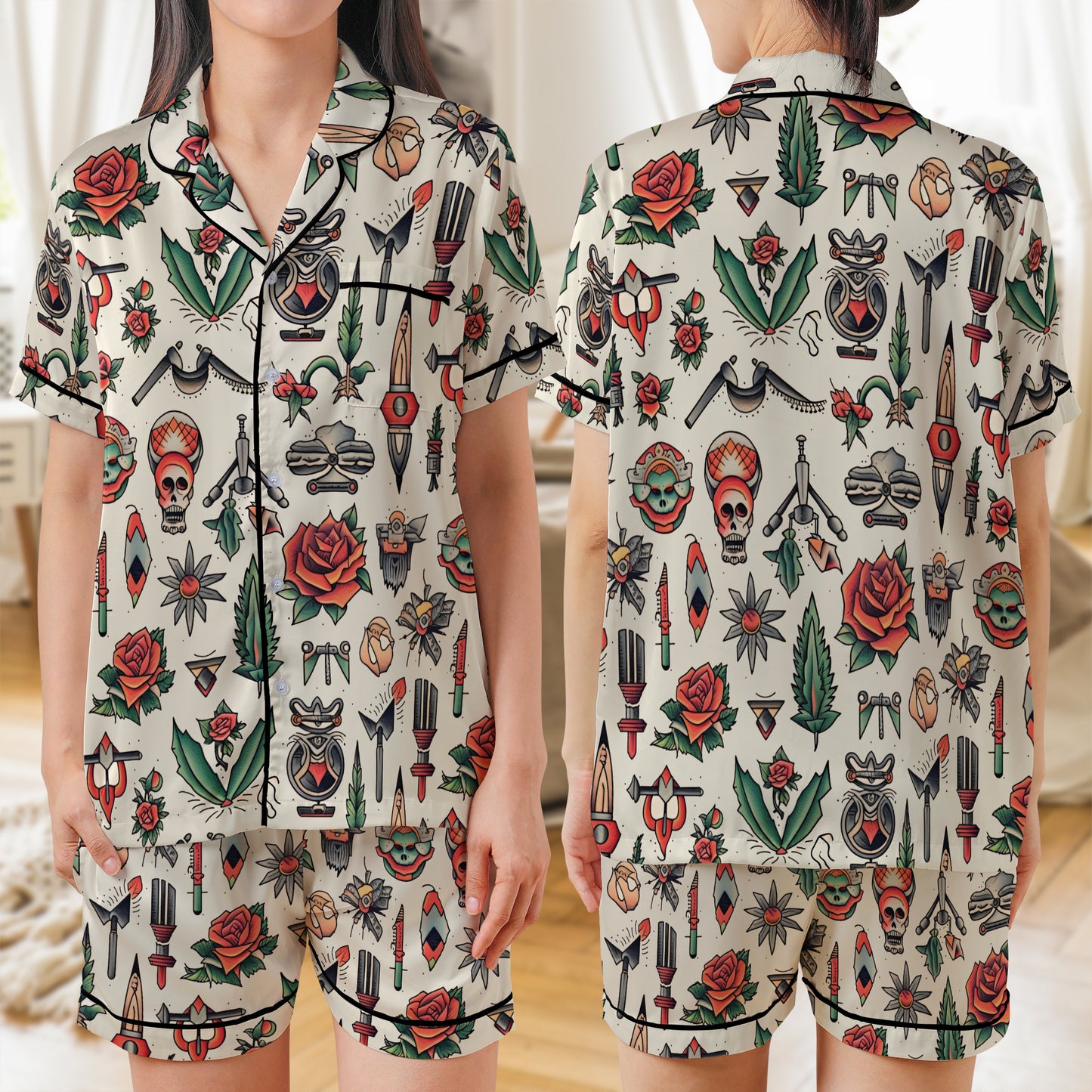 Tattoo Artist AOP Satin Short-Sleeve Pajamas Set