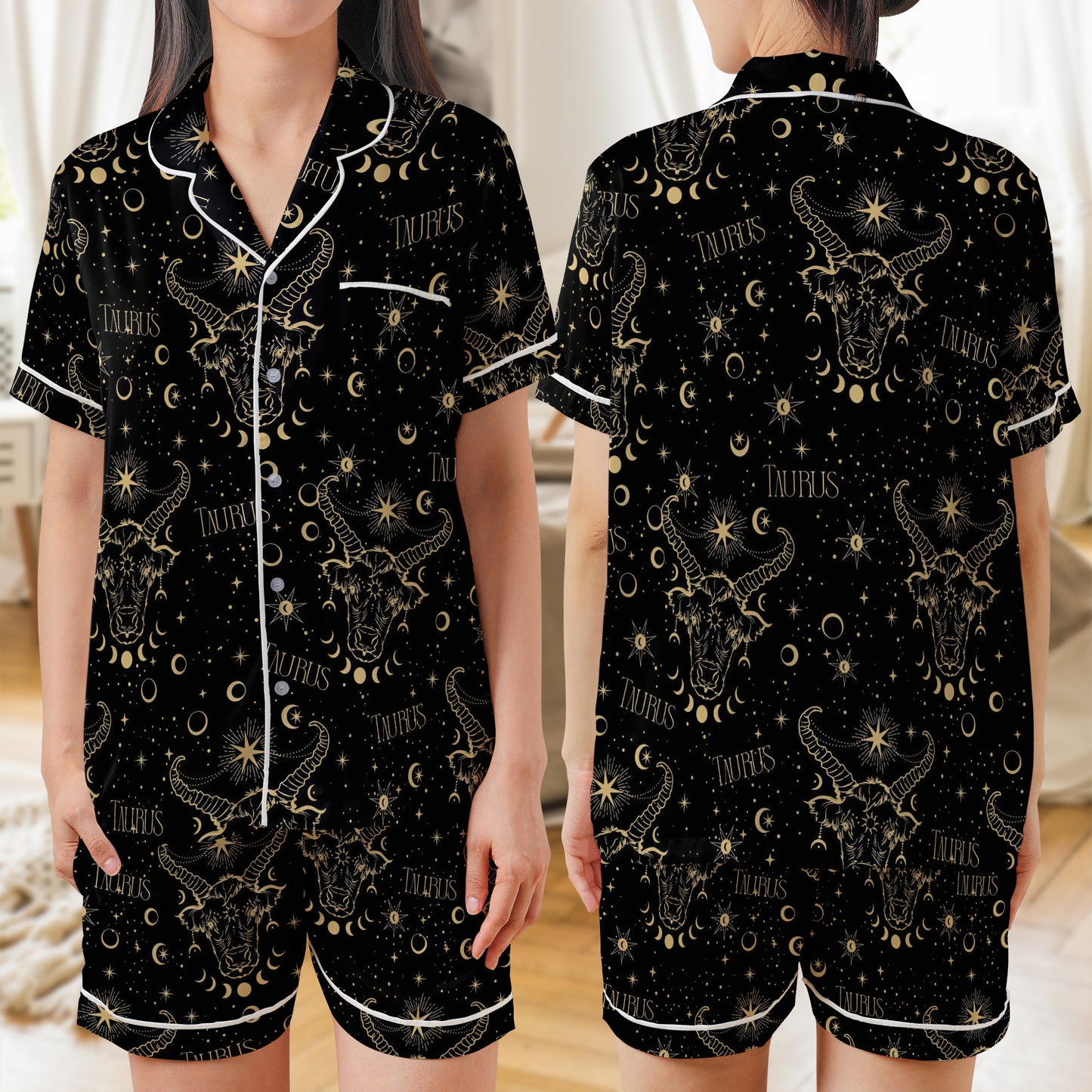 Taurus Zodiac Star Seamless AOP Satin Short-Sleeve Pajamas Set