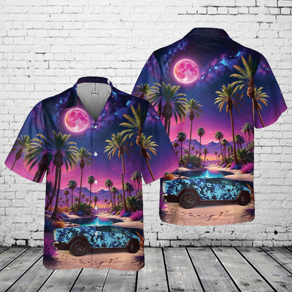 Tesla Cybertruck Blue Digital Camo Pocket Hawaiian Shirt