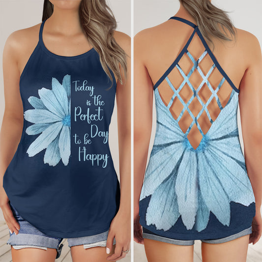 Today Is The Perfect Day To Be Happy, Blue Flower Criss Cross Open Back Tank Top