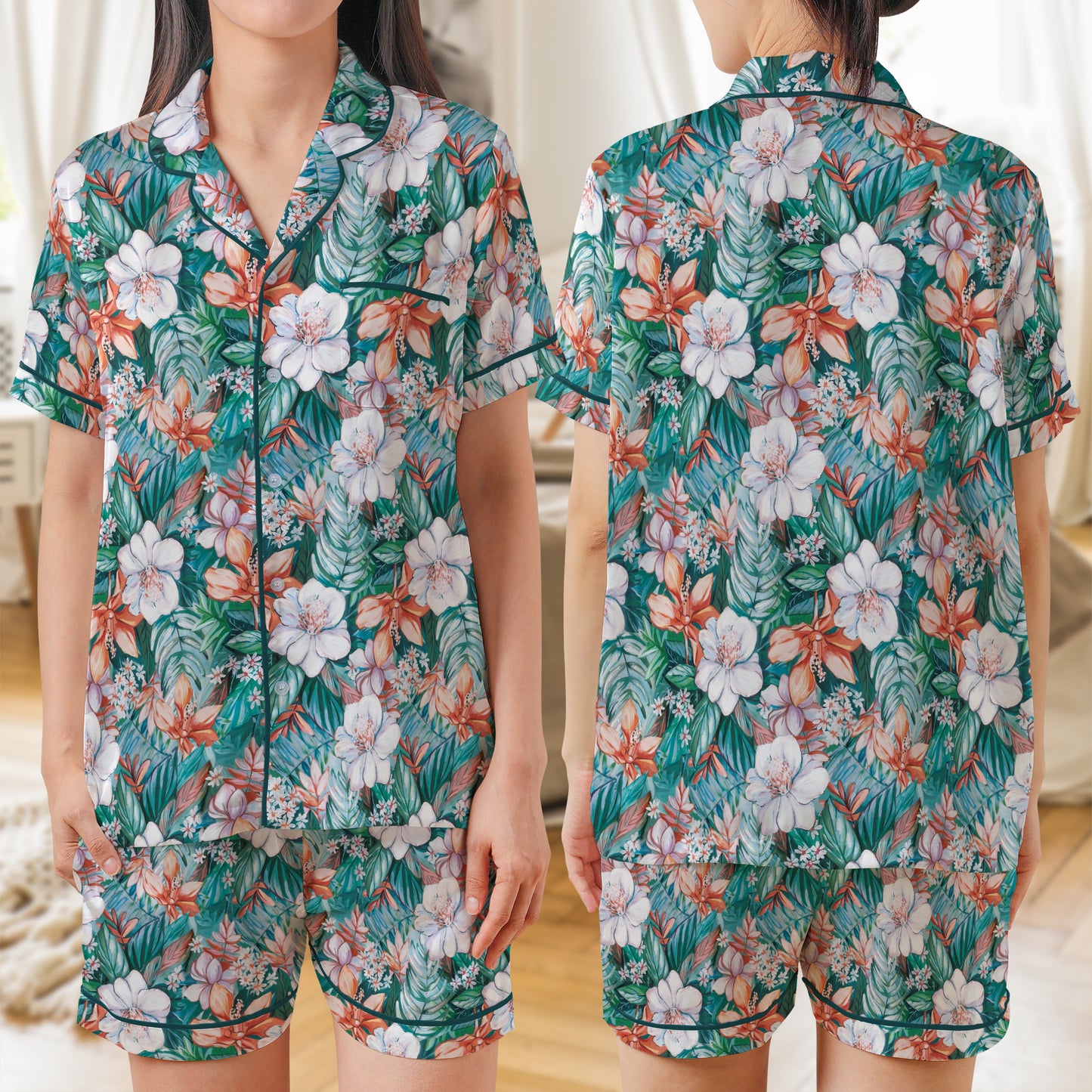 Tropical flowers AOP Satin Short-Sleeve Pajamas Set