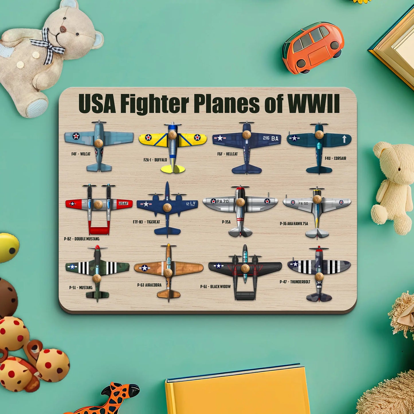 USA Fighter Planes of WWII Wooden Puzzle Board