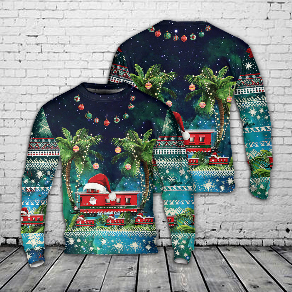 USA Trains R12026 G Christmas Caboose Red/Green #1225 AOP Ugly Christmas Sweater