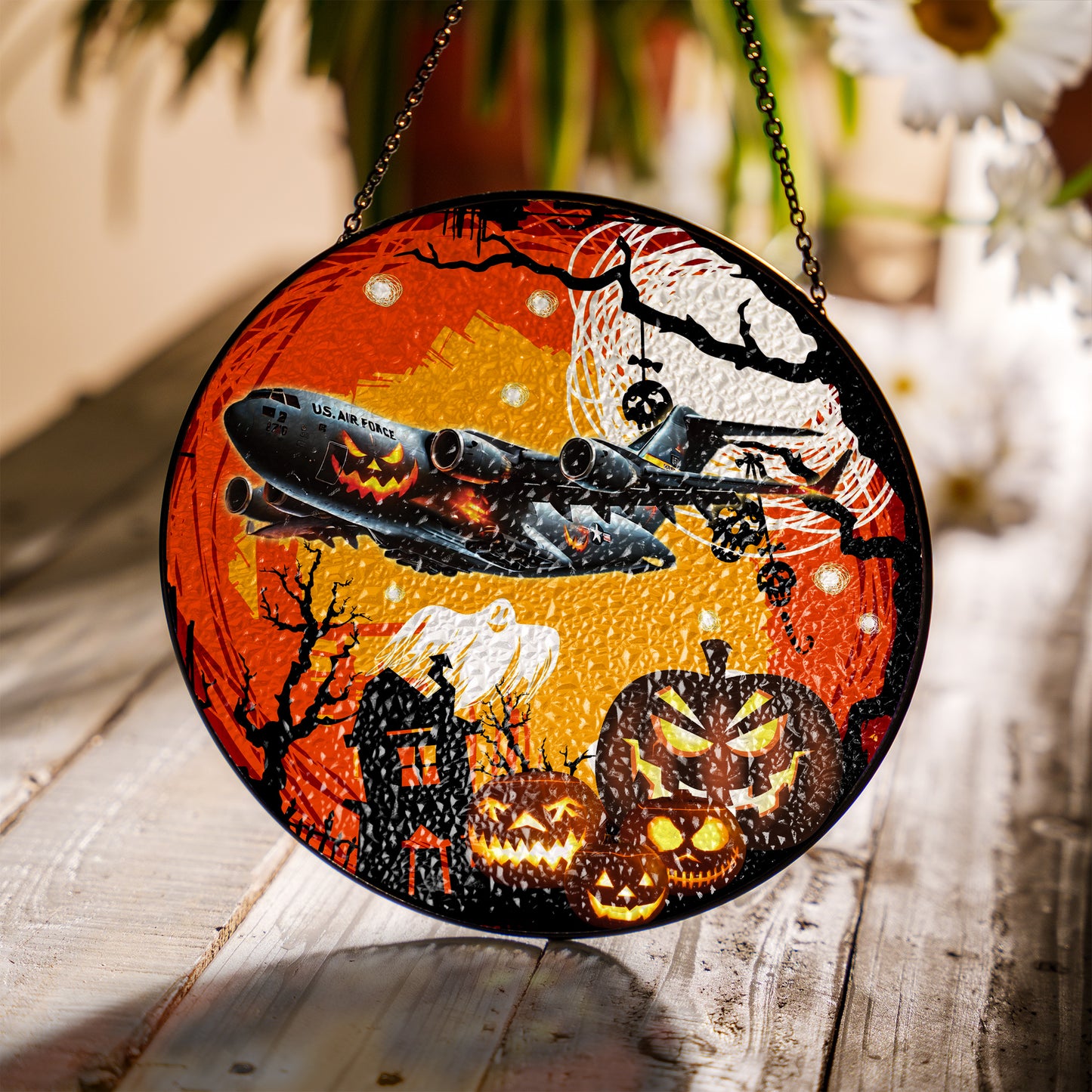 US Air Force Boeing C-17 Globemaster III Halloween Stained Glass Suncatcher for Window Hanging