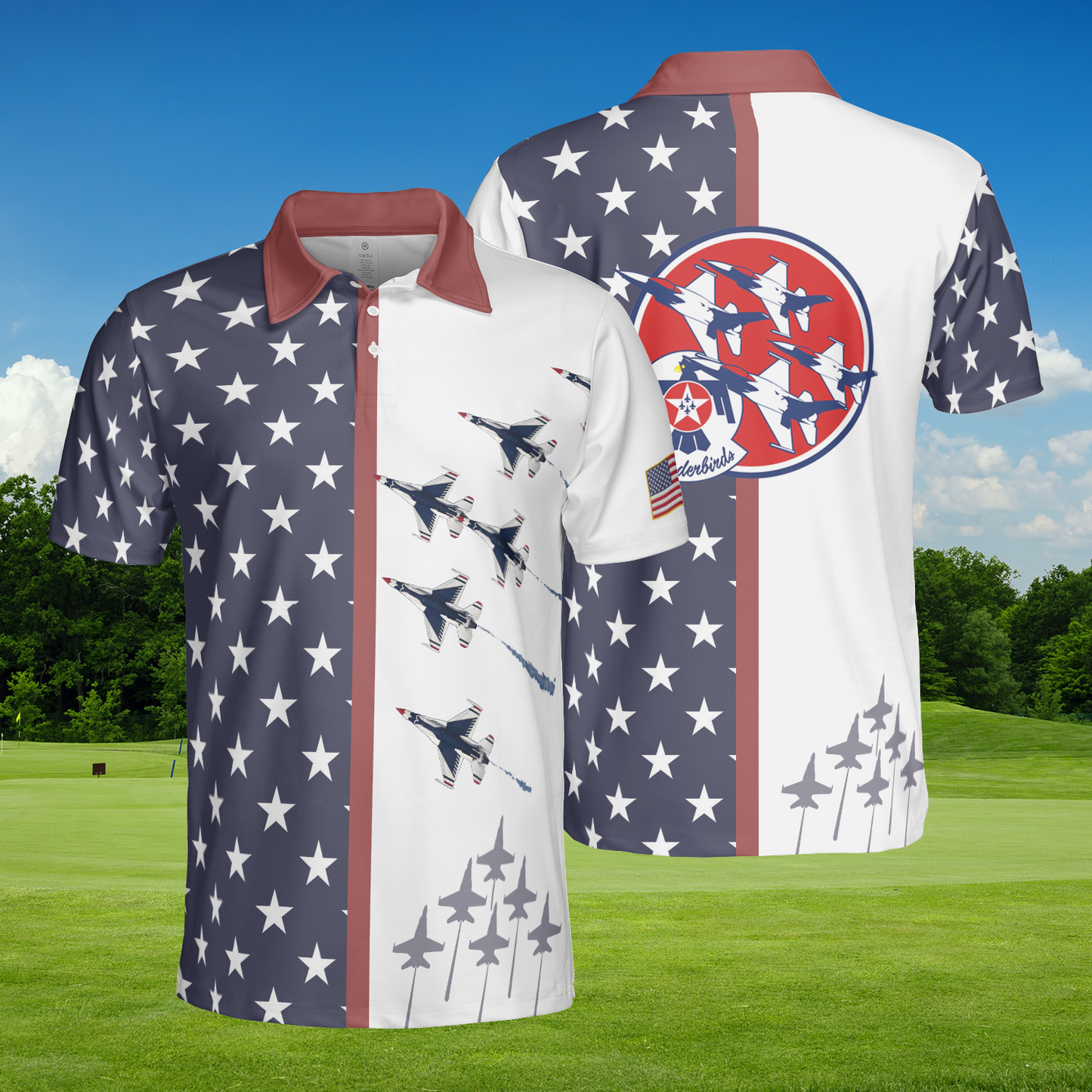 US Air Force Thunderbirds Patriotic USA Flag Polo Shirt