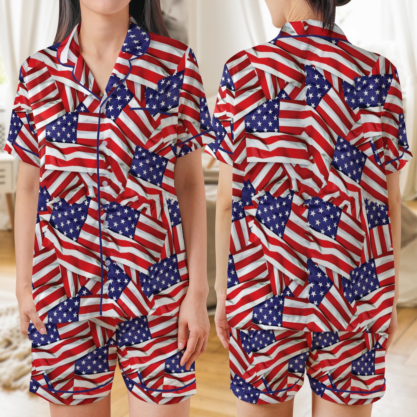 US American Flag AOP Satin Short-Sleeve Pajamas Set