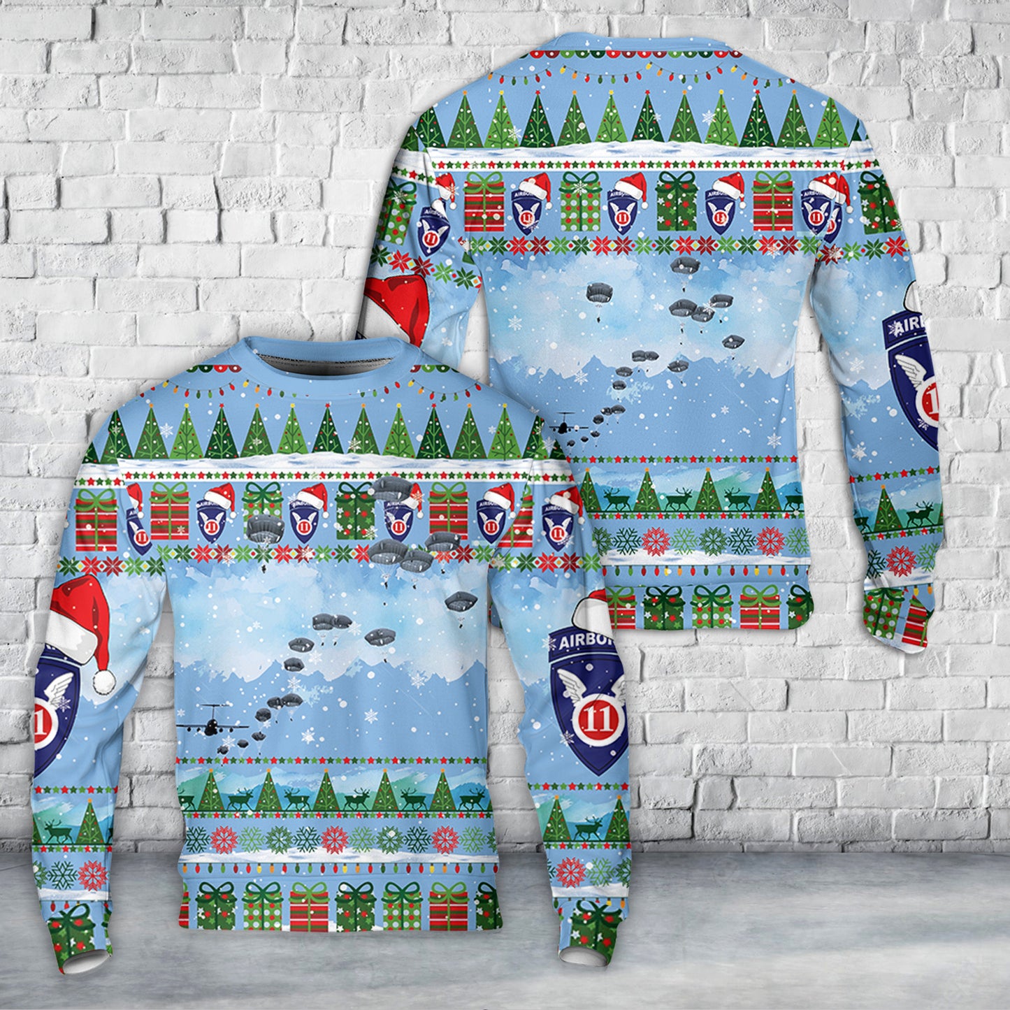 US Army 11th Airborne Division Parachute Christmas AOP Sweater