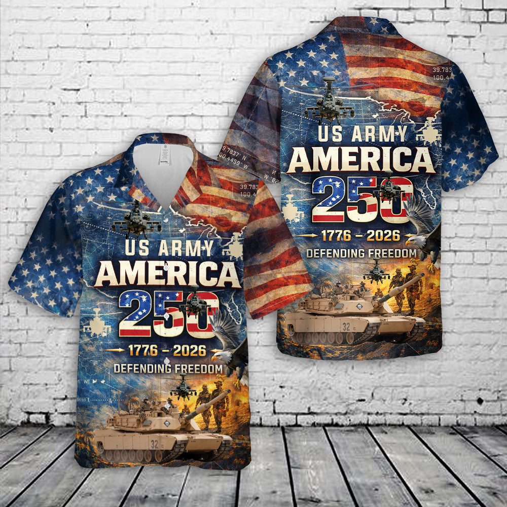 US Army Abrams Battle Tank And Apache, 250th Anniversary Hawaiian Shirt