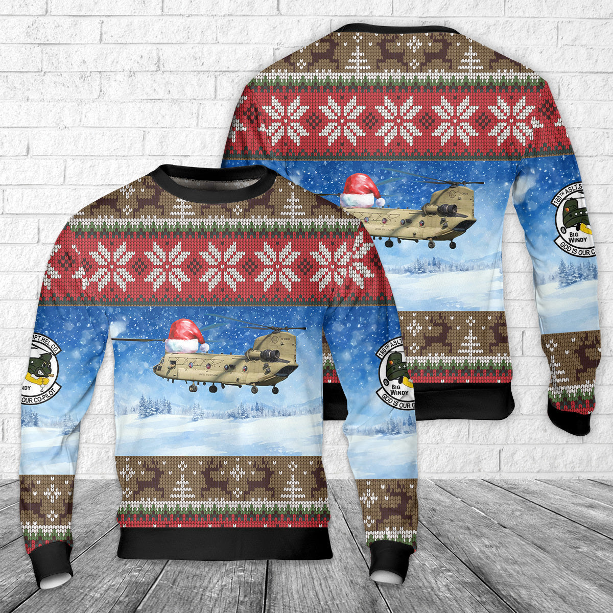US Army B Co 1-214th Avn Big Windy Ch-47 Christmas AOP Sweater