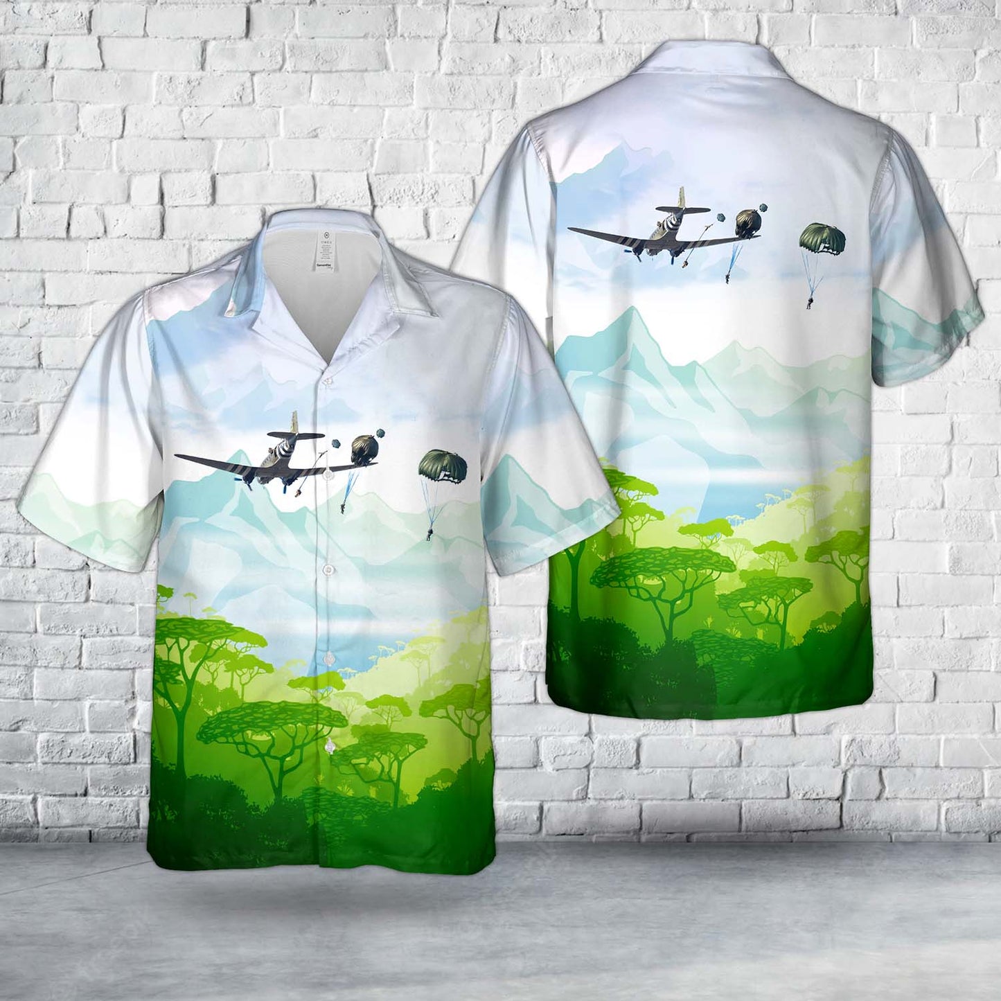 US Army C-47 Boogie Baby paratroopers over Frederick Army Airfield in Oklahoma Hawaiian Shirt