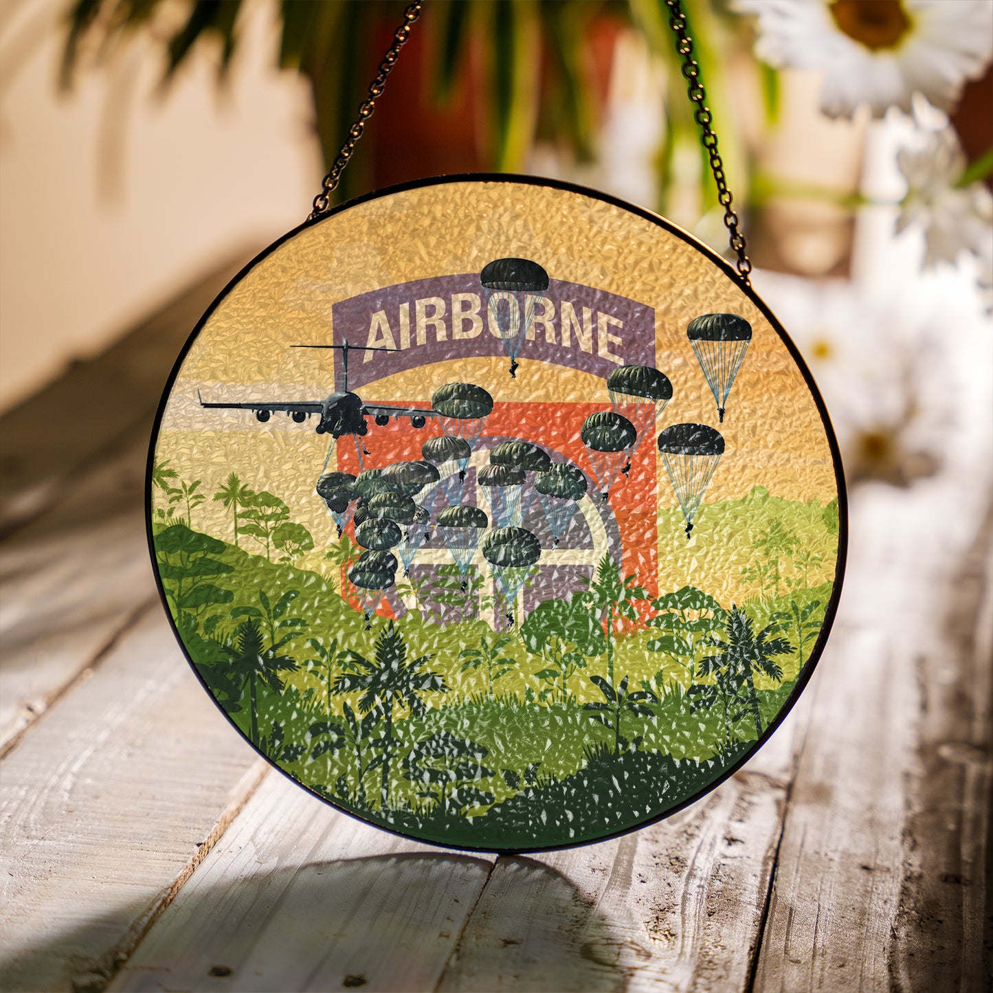 US Army Paratroopers With The 82nd Airborne Division Parachute Stained Glass Suncatcher for Window Hanging