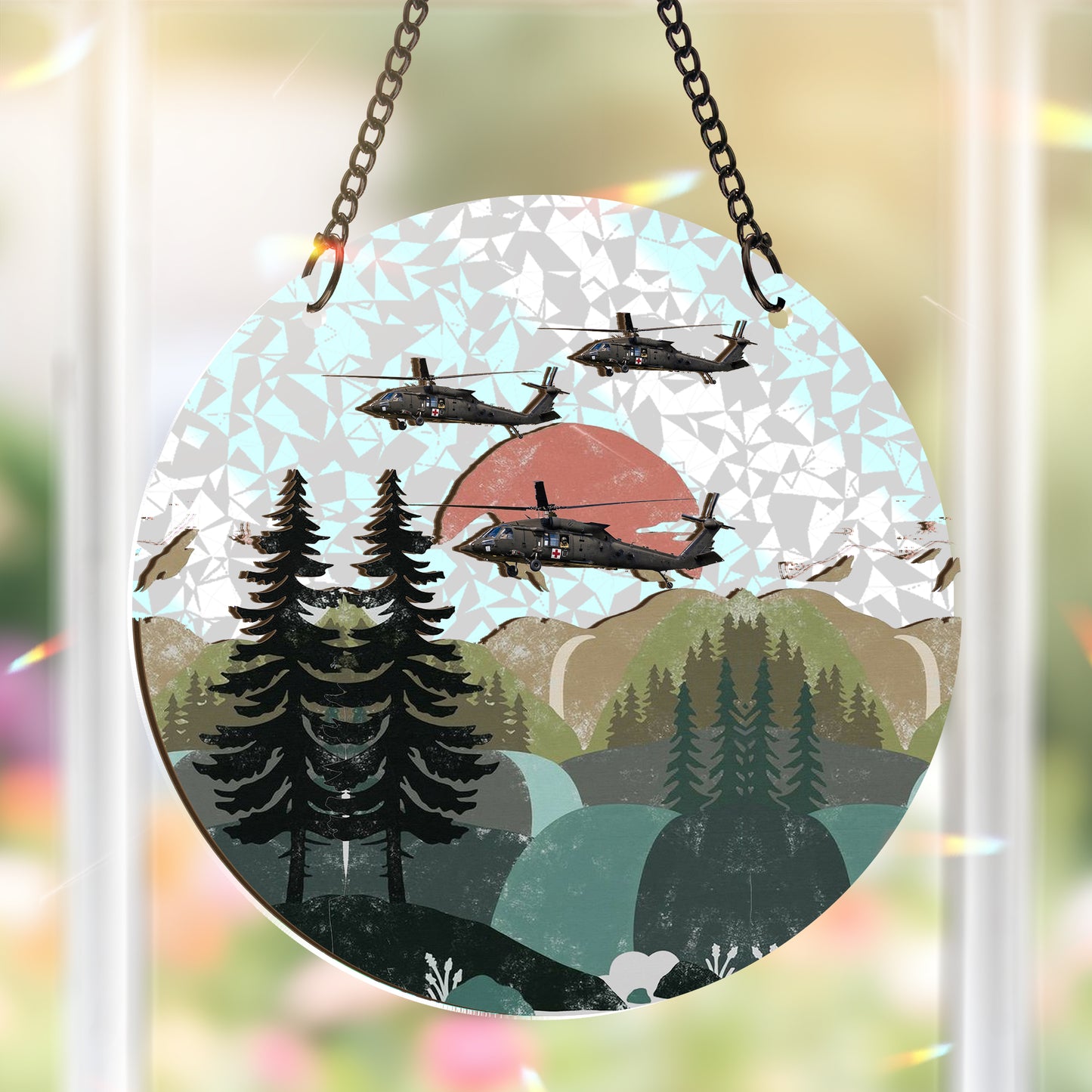 US Army Sikorsky UH-60M Blackhawk medevac helicopter Custom Shape Wood and Broken Glass Hologram Ornament