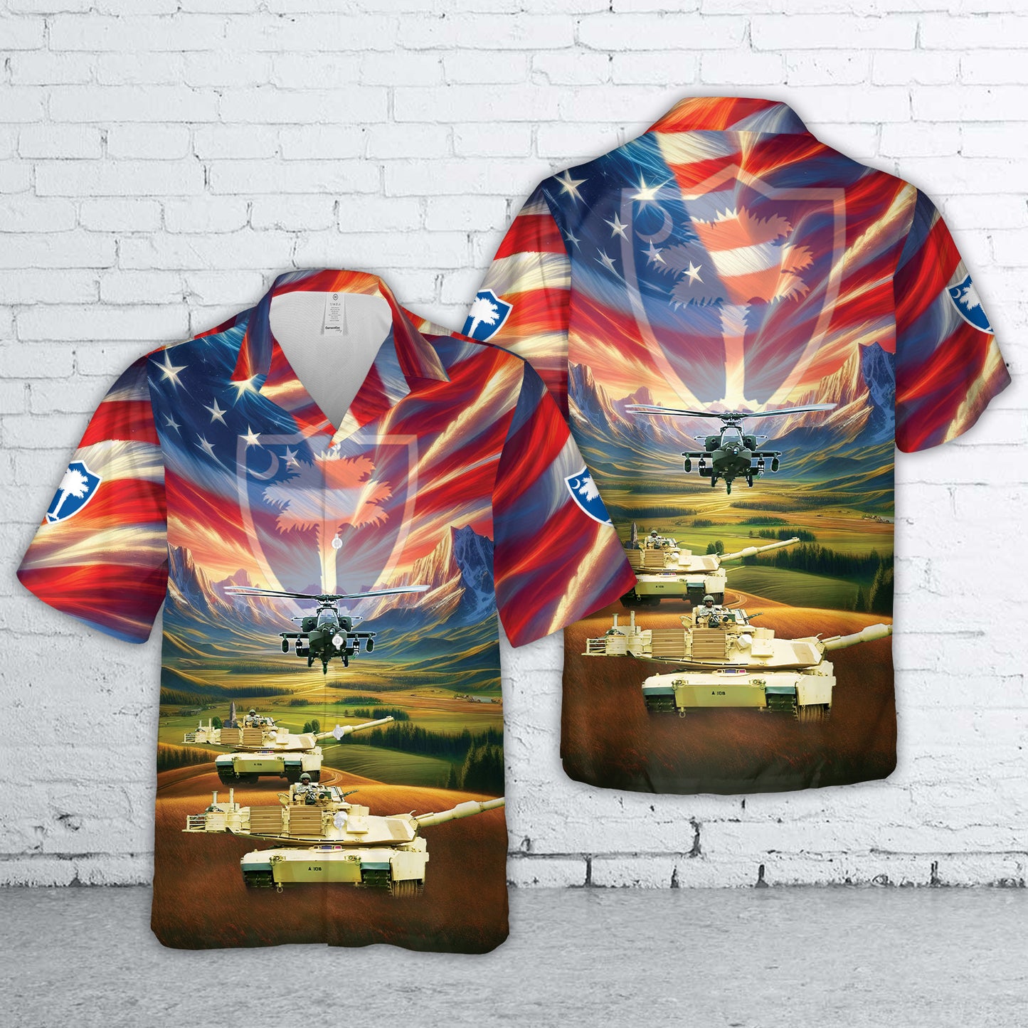US Army South Carolina Army National Guard M1 Abrams Main Battle Tank and a AH-64 Apache, 4th Of July Hawaiian Shirt