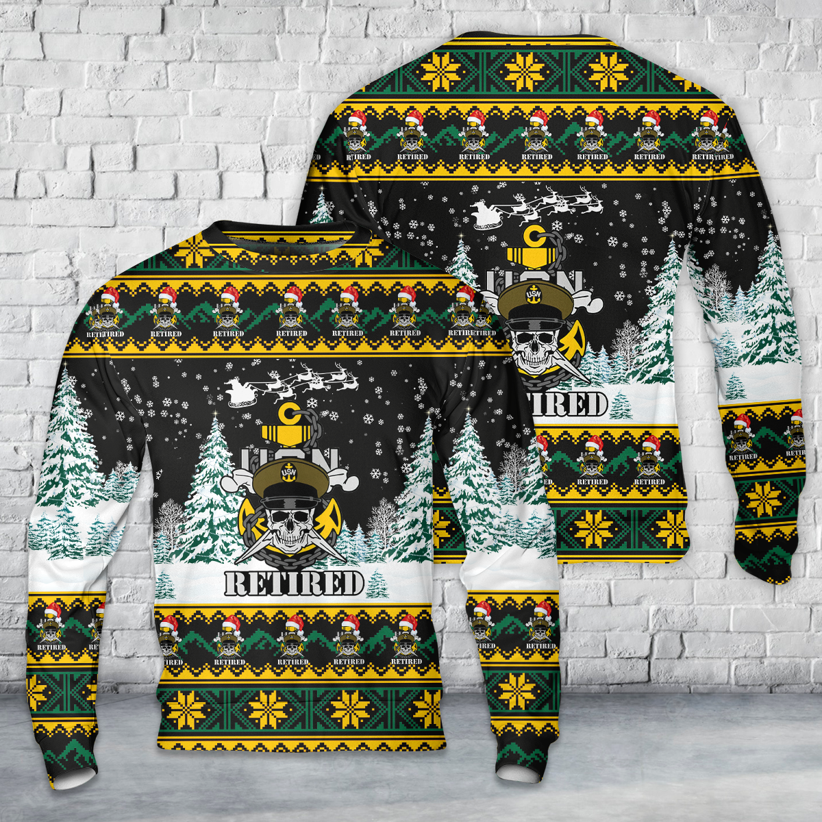 US Navy Chief Skull and Cross Bones Retired Anchor Christmas AOP Sweater