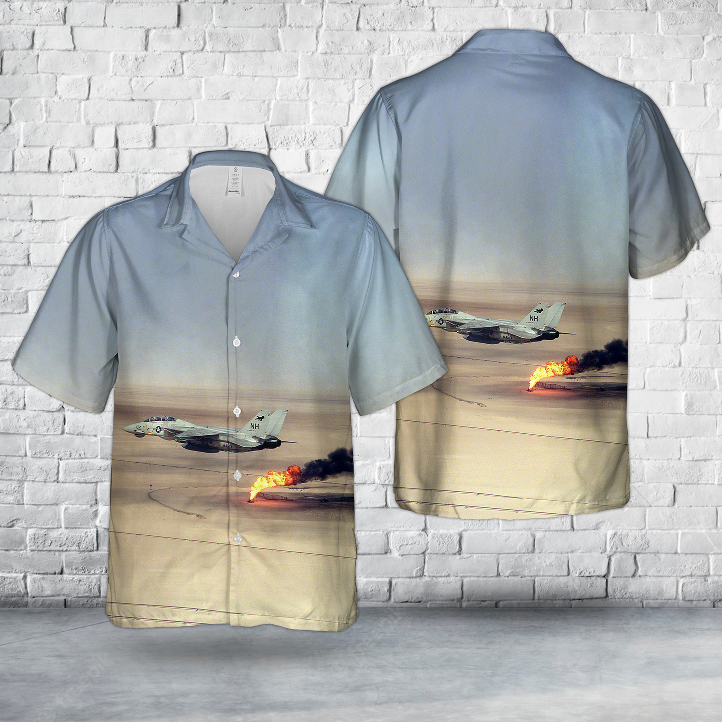 US Navy Fighter Squadron 114 (VF-114) F-14A Tomcat aircraft flies over Operation Desert Storm Hawaiian Shirt