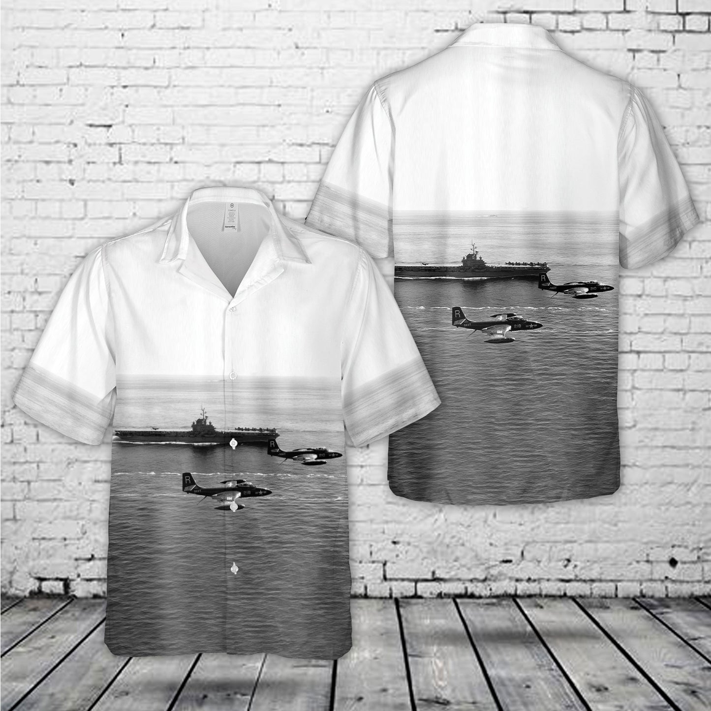 US Navy McDonnell F2H-2 Banshees (BuNo 124954, 124969) of Fighter Squadron 172 (VF-172) "Blue Bolts" over USS Essex Hawaiian Shirt